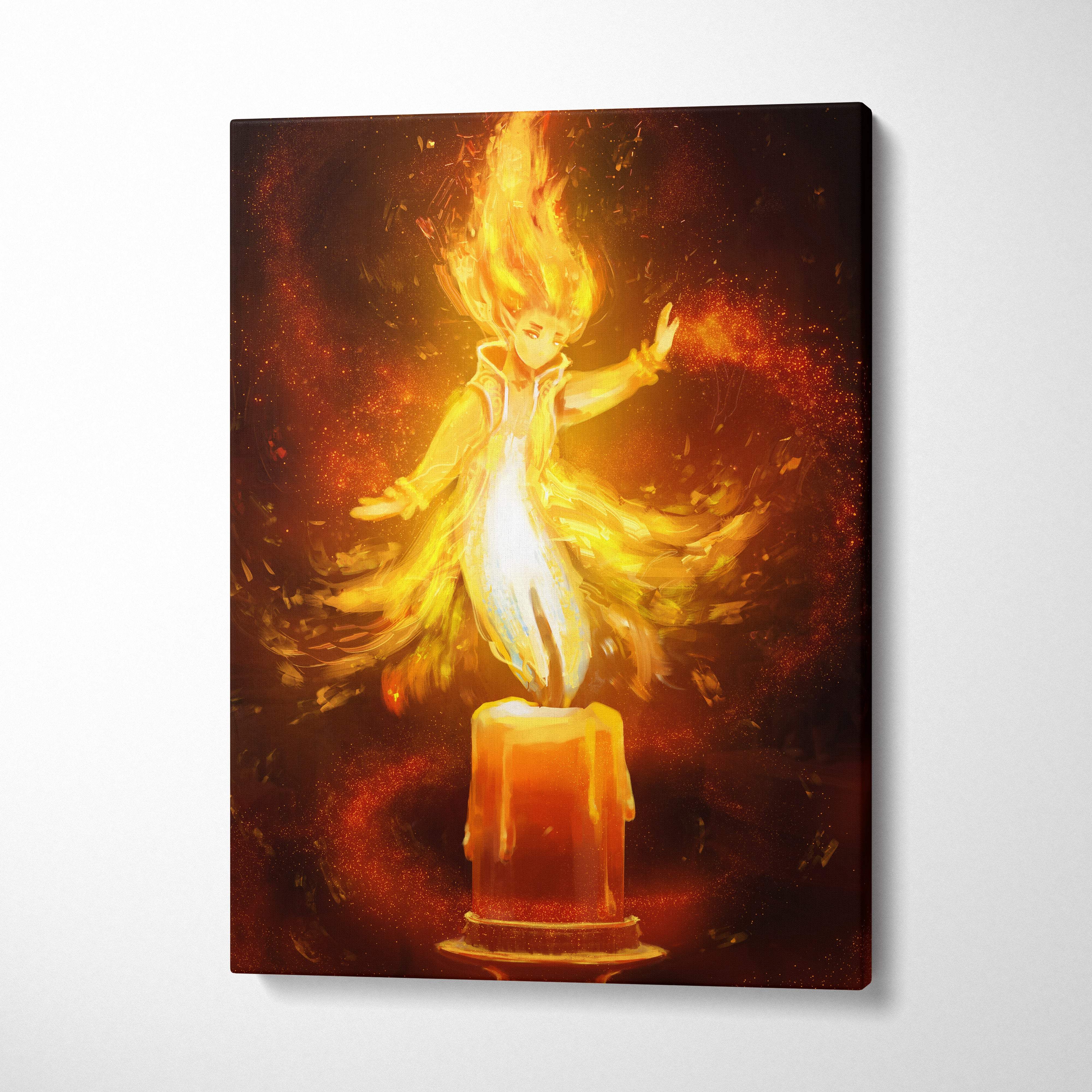 A vibrant canvas print of a glowing flame-haired figure on a melting orange candle with fiery red and black background