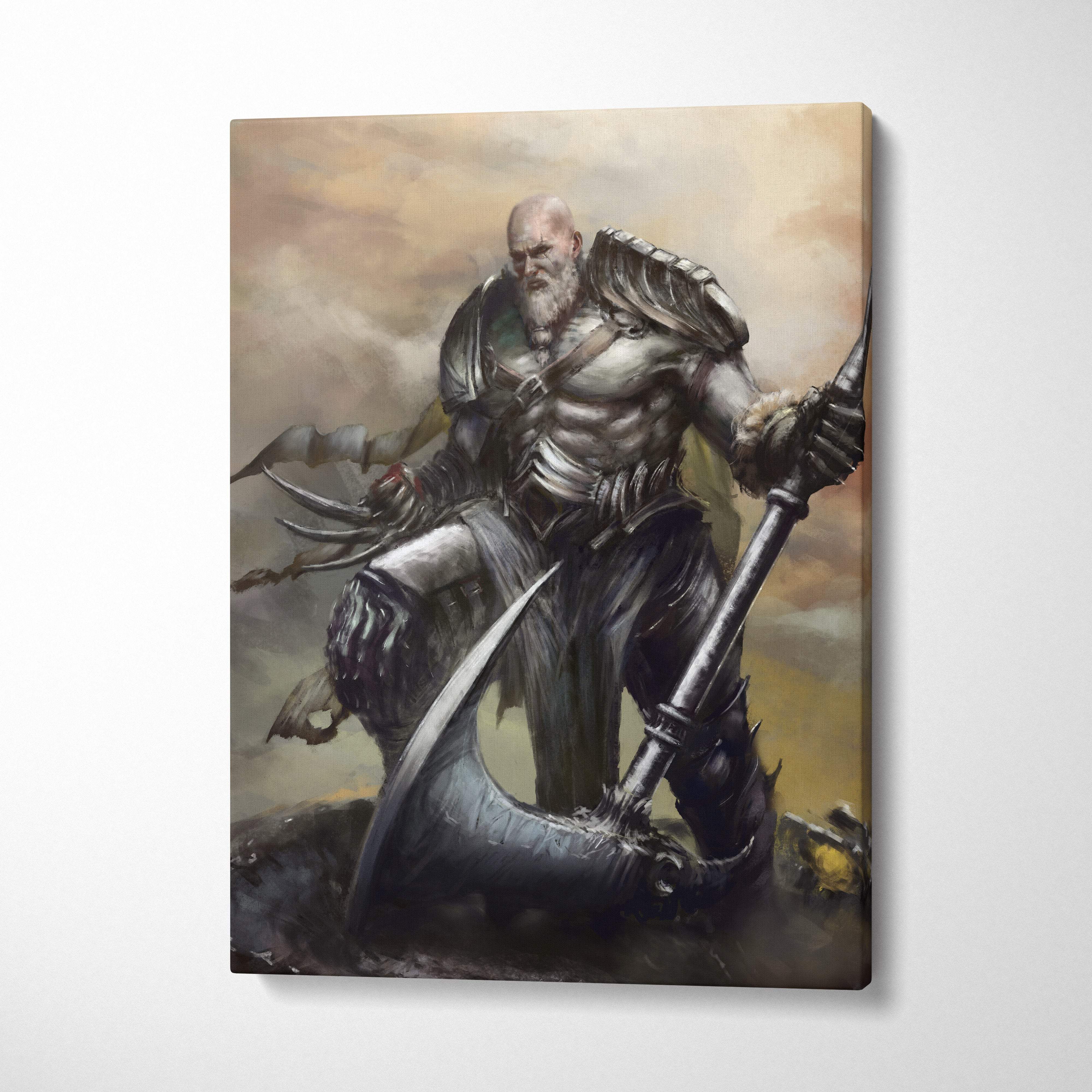 Fantasy warrior canvas print featuring a rugged bald silver armored knight with a white beard holding an axe