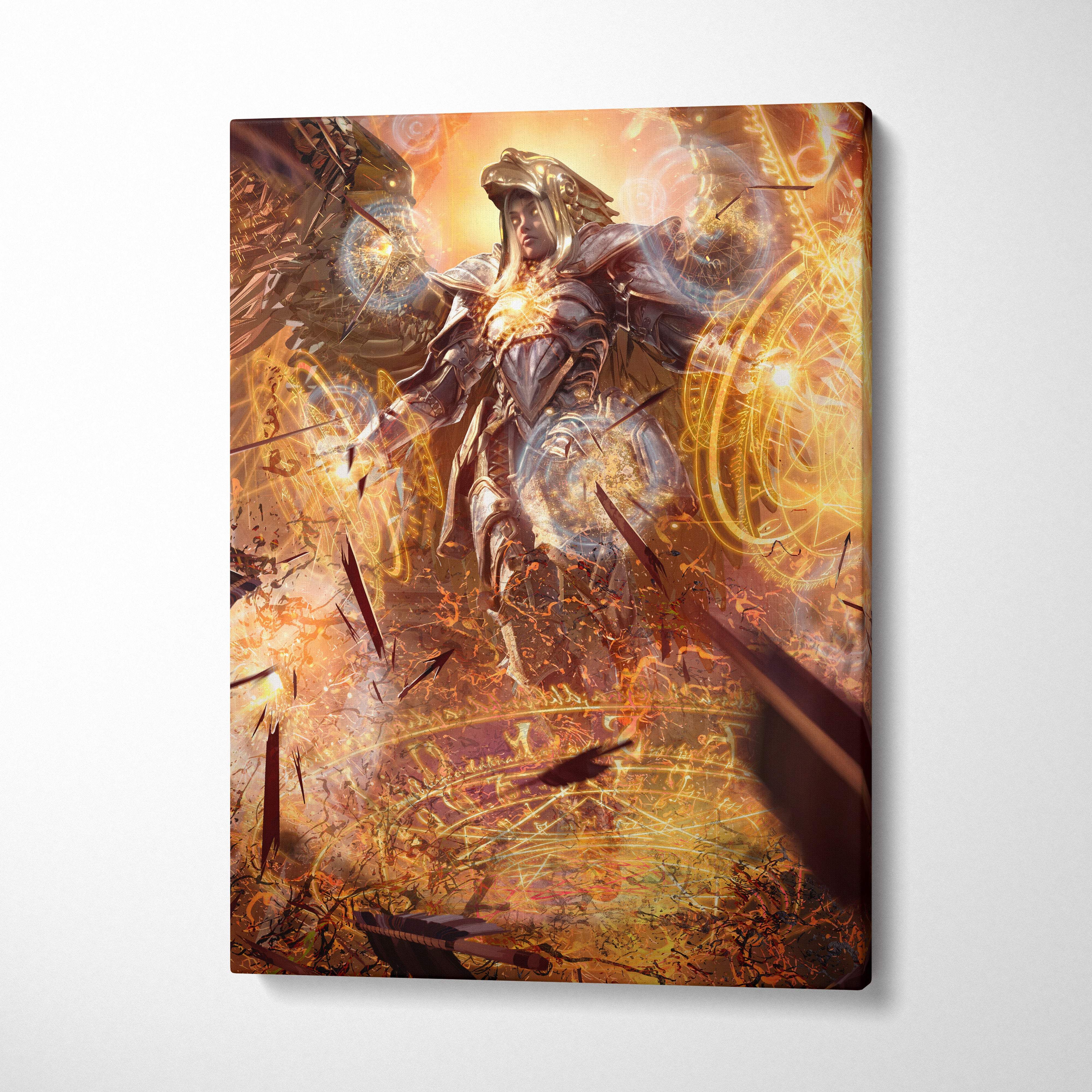 A vibrant vertical canvas print showing a celestial archangel warrior in ornate dark armor with golden glowing magic