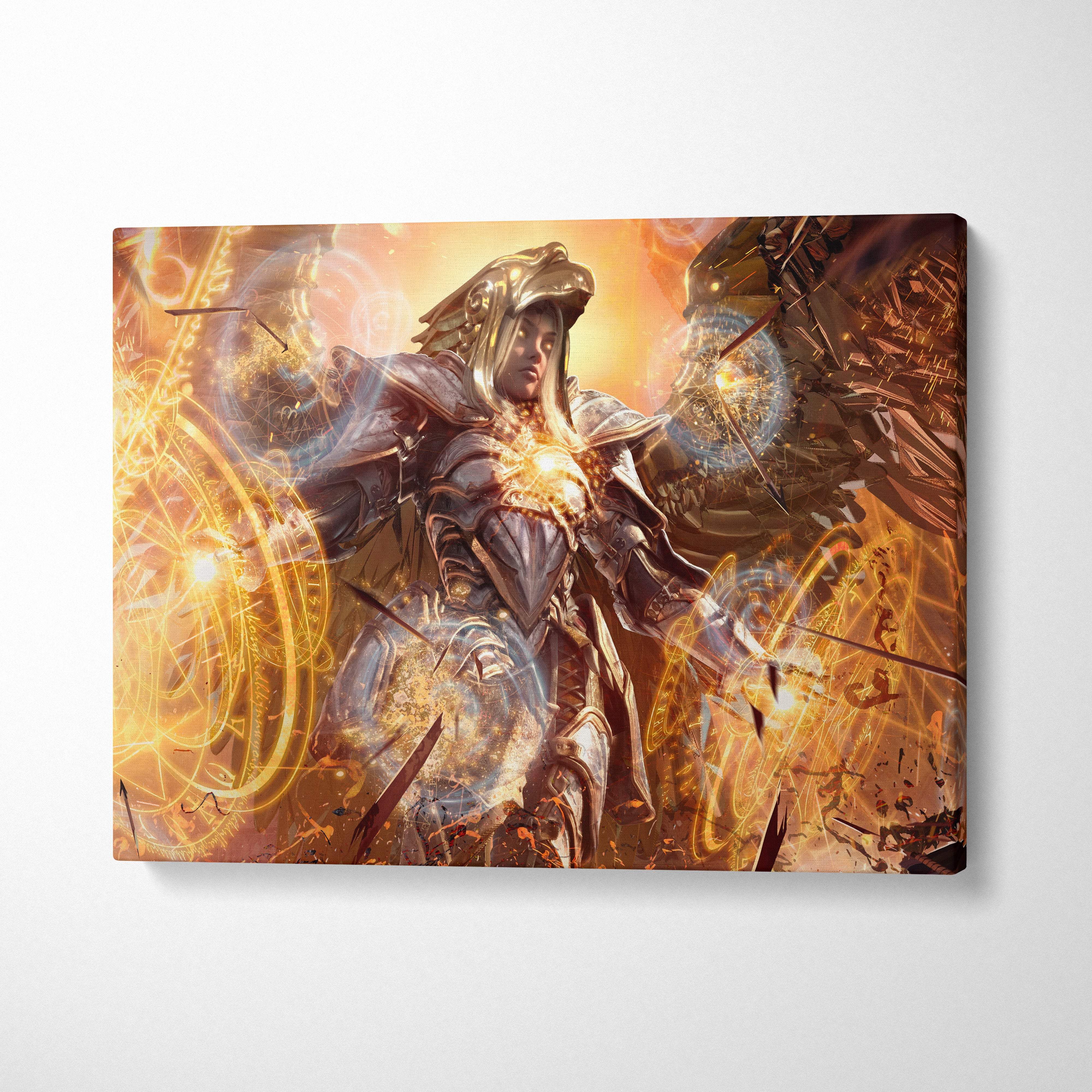 Divine archangel warrior canvas art featuring a vibrant fantasy print of a warrior in silver gold armor with glowing energy