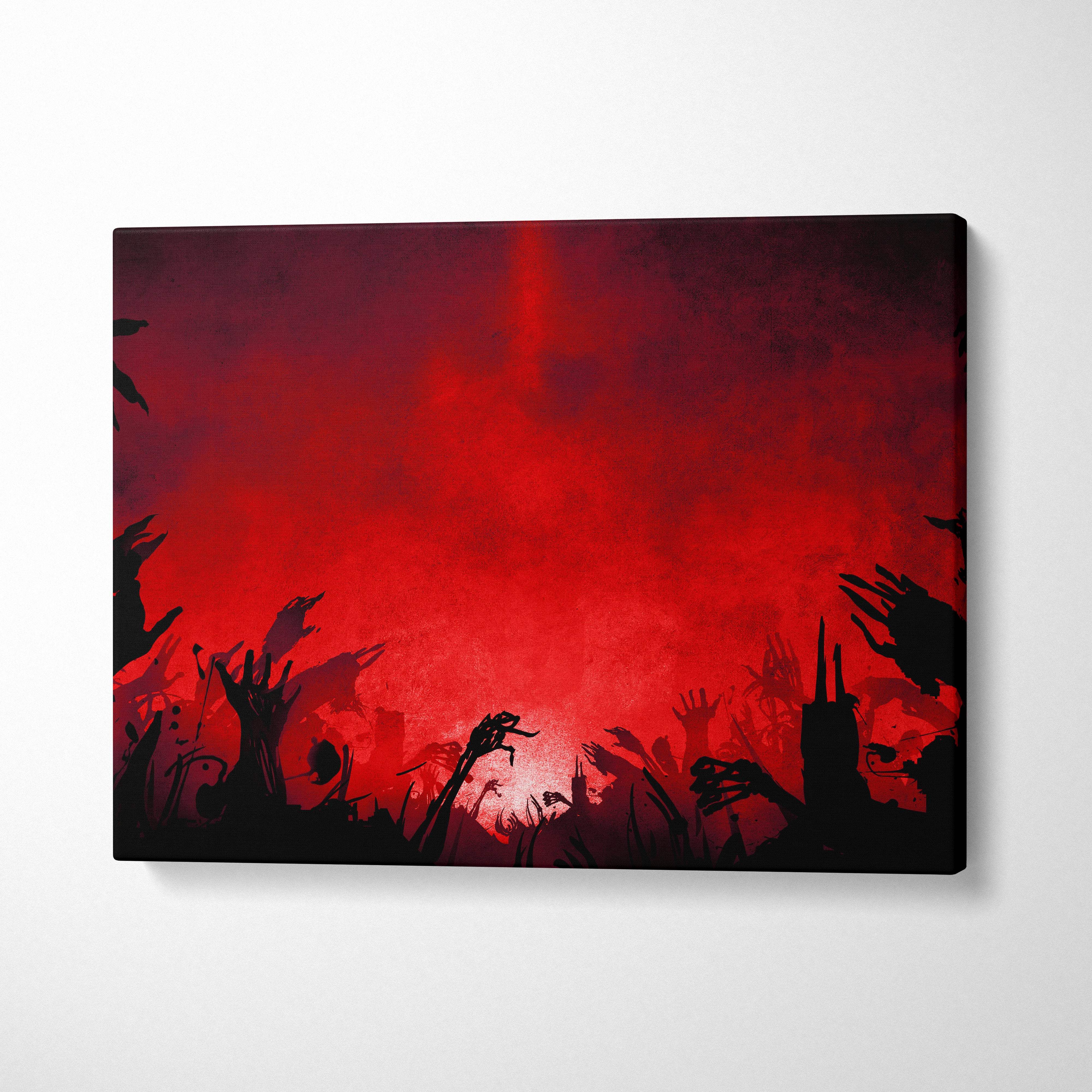A striking canvas print featuring bold red gradients and black silhouettes of raised hands against a fiery backdrop