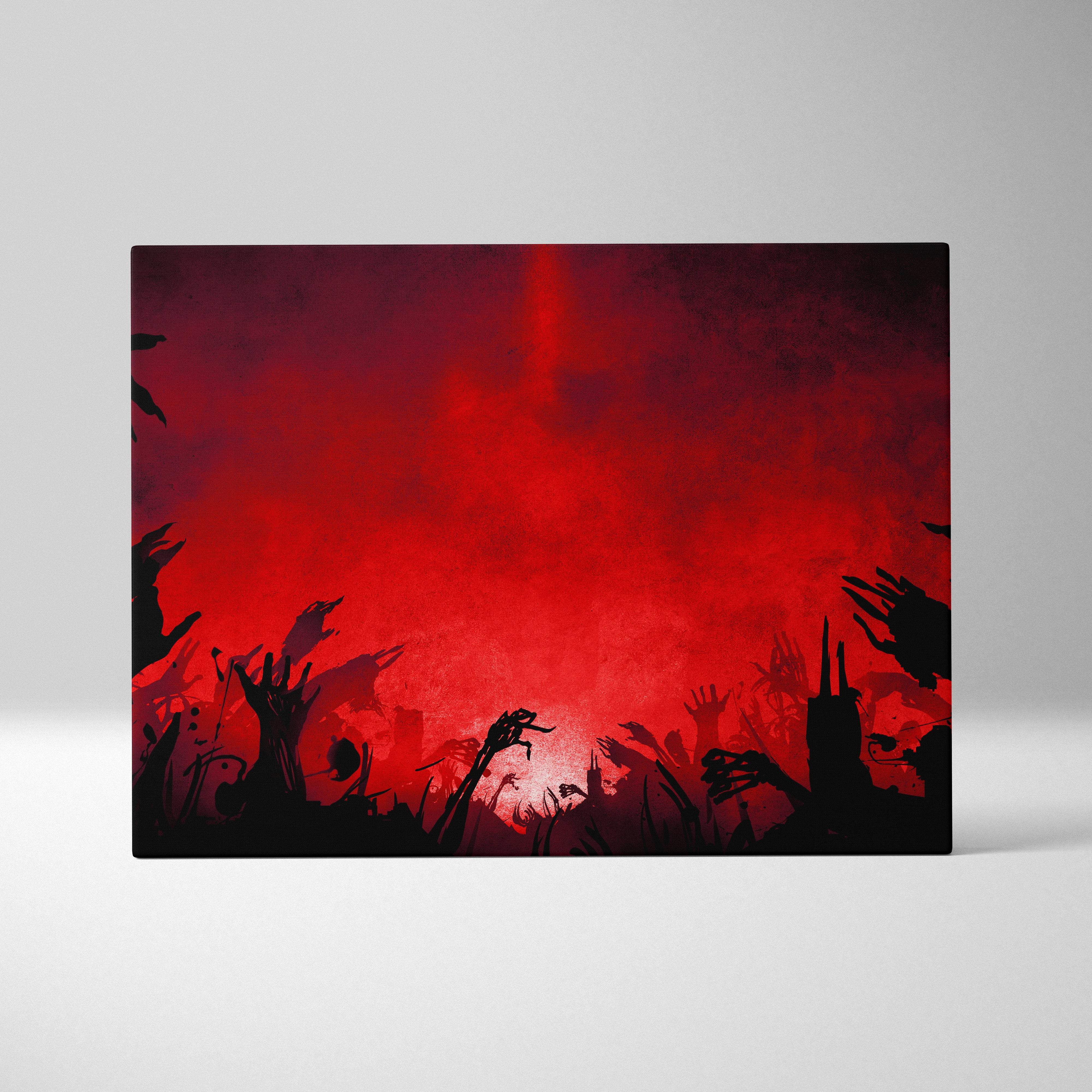 A rectangular canvas print featuring black zombie hand silhouettes on a blood red smoky background with grunge texture