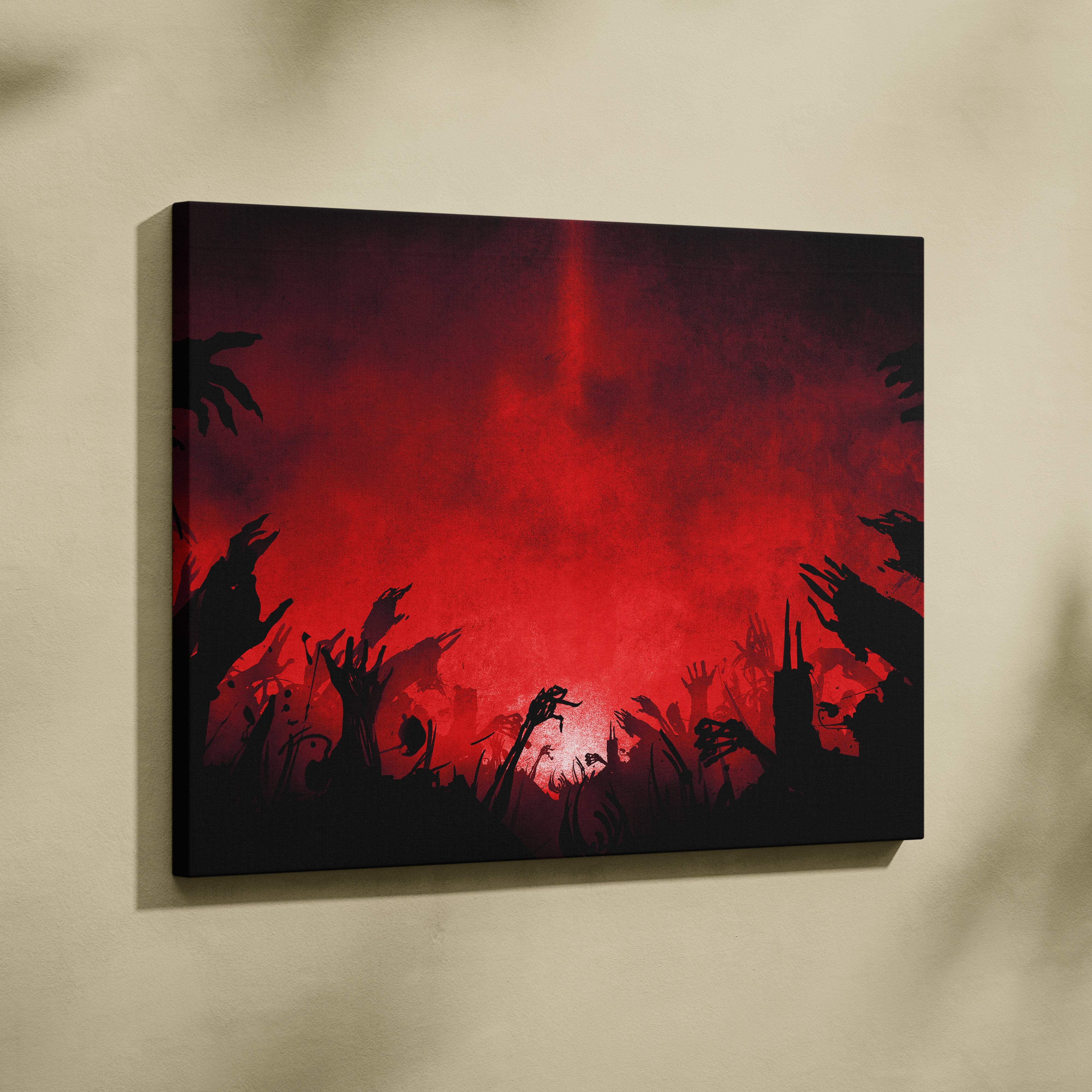 Blood red apocalypse canvas art with silhouetted zombie hands reaching against a glowing crimson sky grunge texture