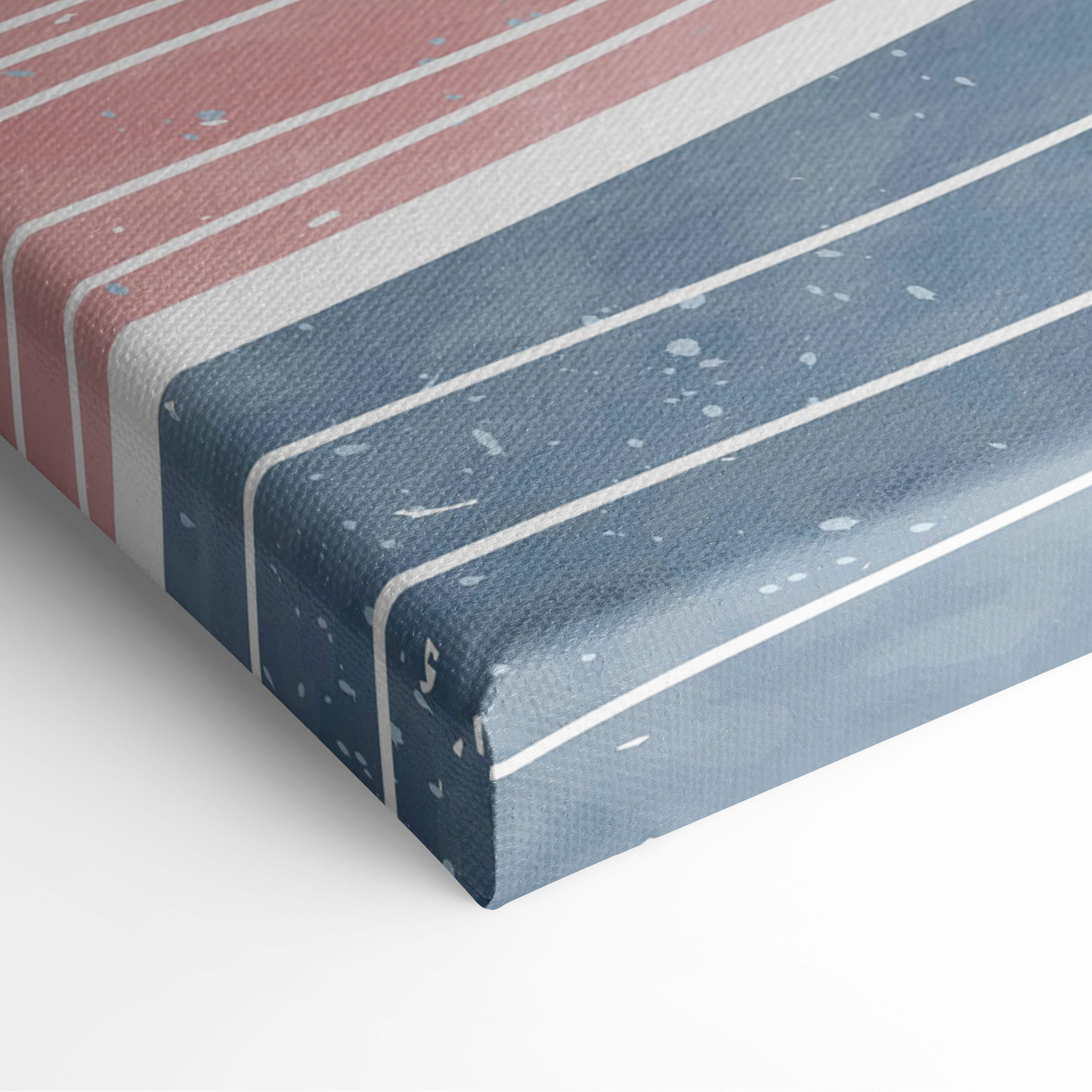Minimalist pastel mountain canvas wall art with bold navy blue white and muted red stripes and textured paint splatters