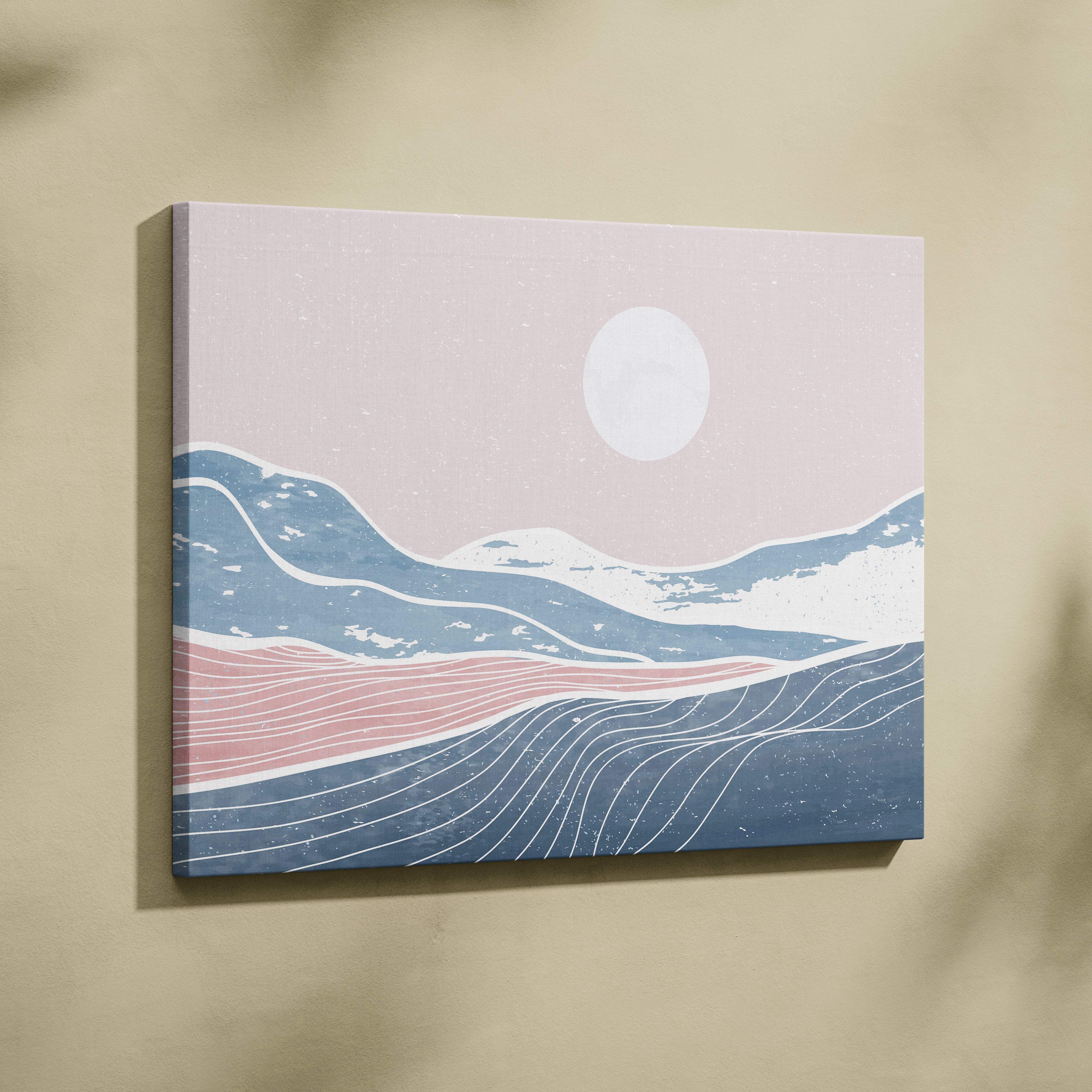Minimalist pastel mountain canvas wall art print featuring stylized blue and pink mountains under a pale sky with moon
