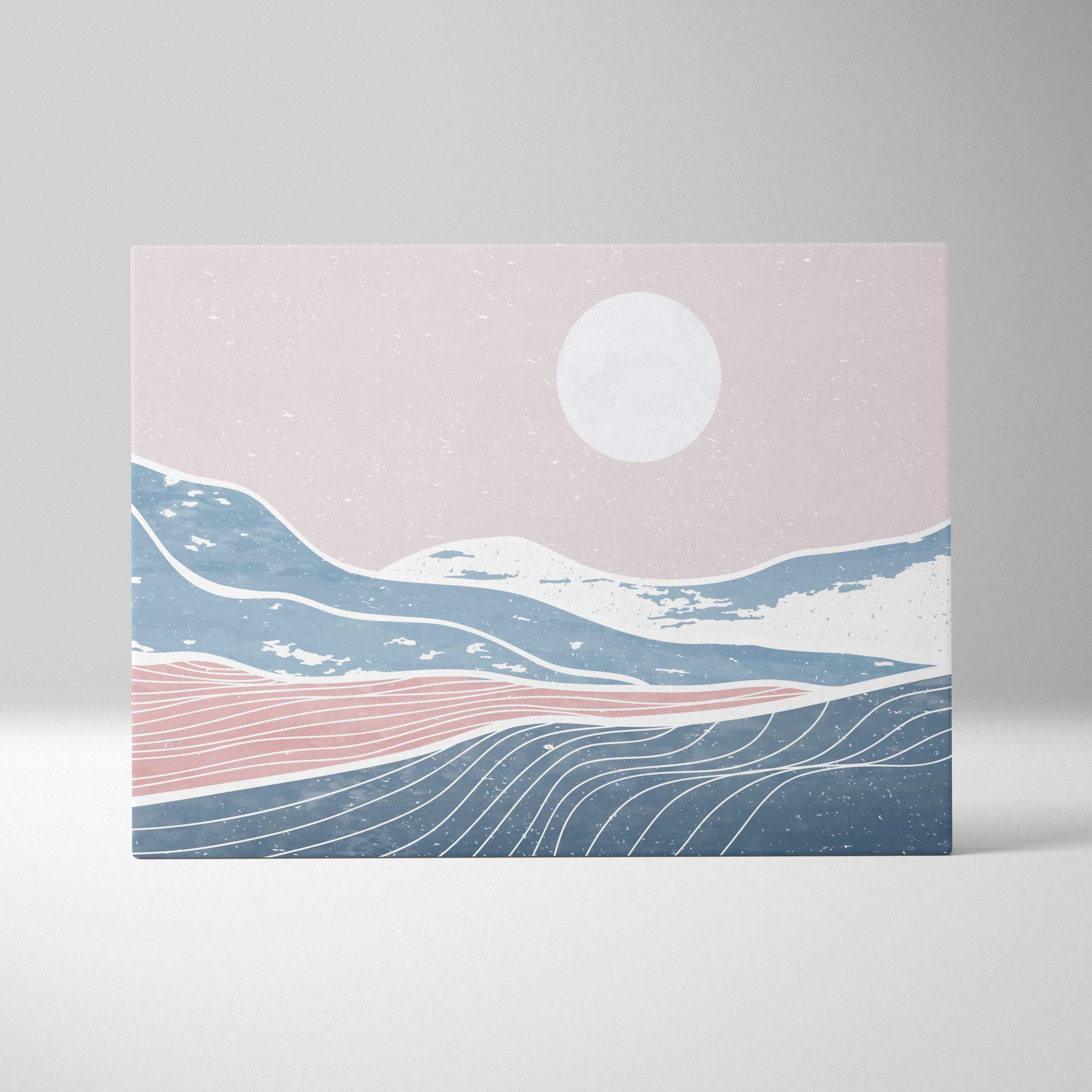 Minimalist pastel mountain canvas wall art print with soft pink and blue abstract landscape for japandi bedroom or living room
