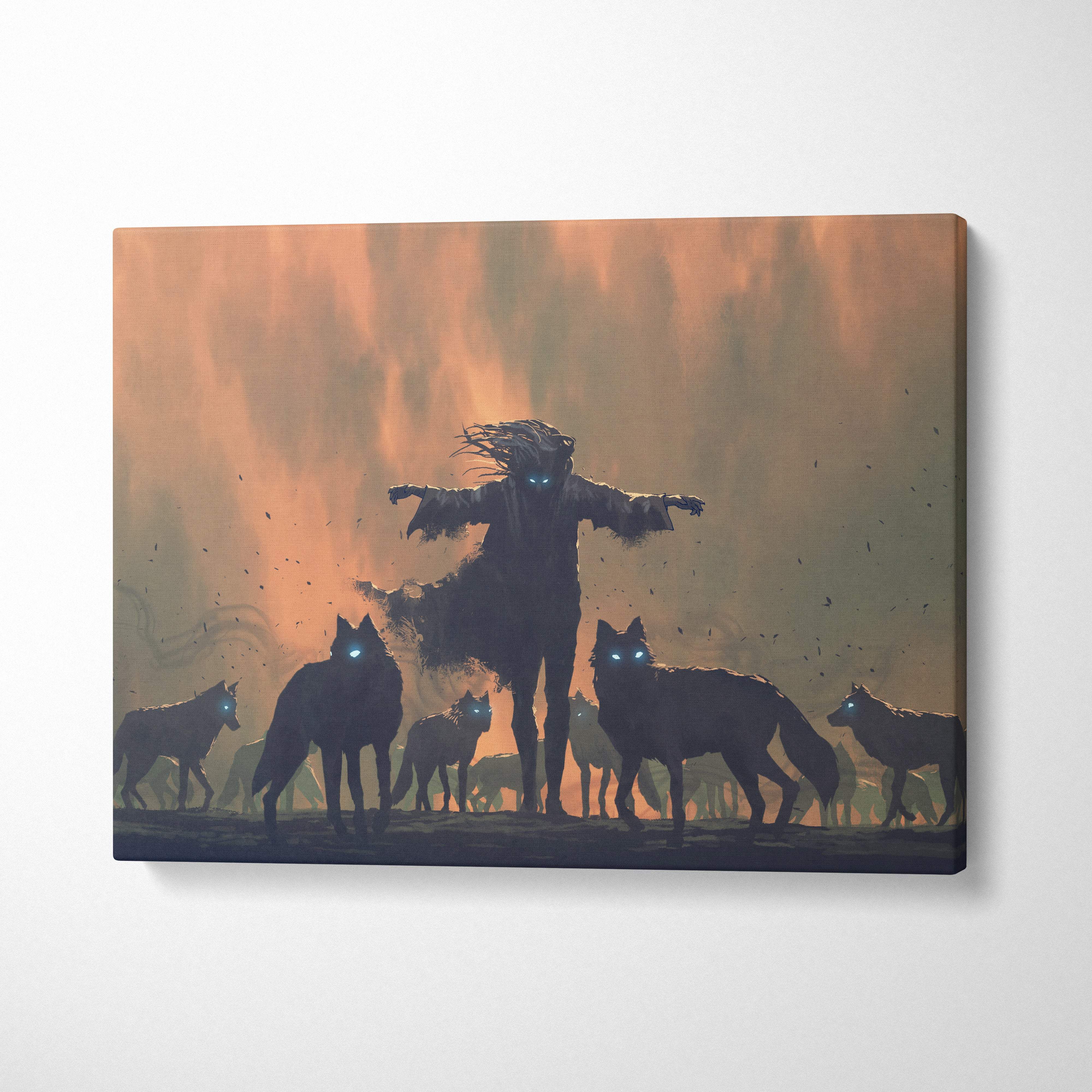 Dark wolf spirit canvas art with silhouetted figure and glowing blue eyes surrounded by wolves against orange sky