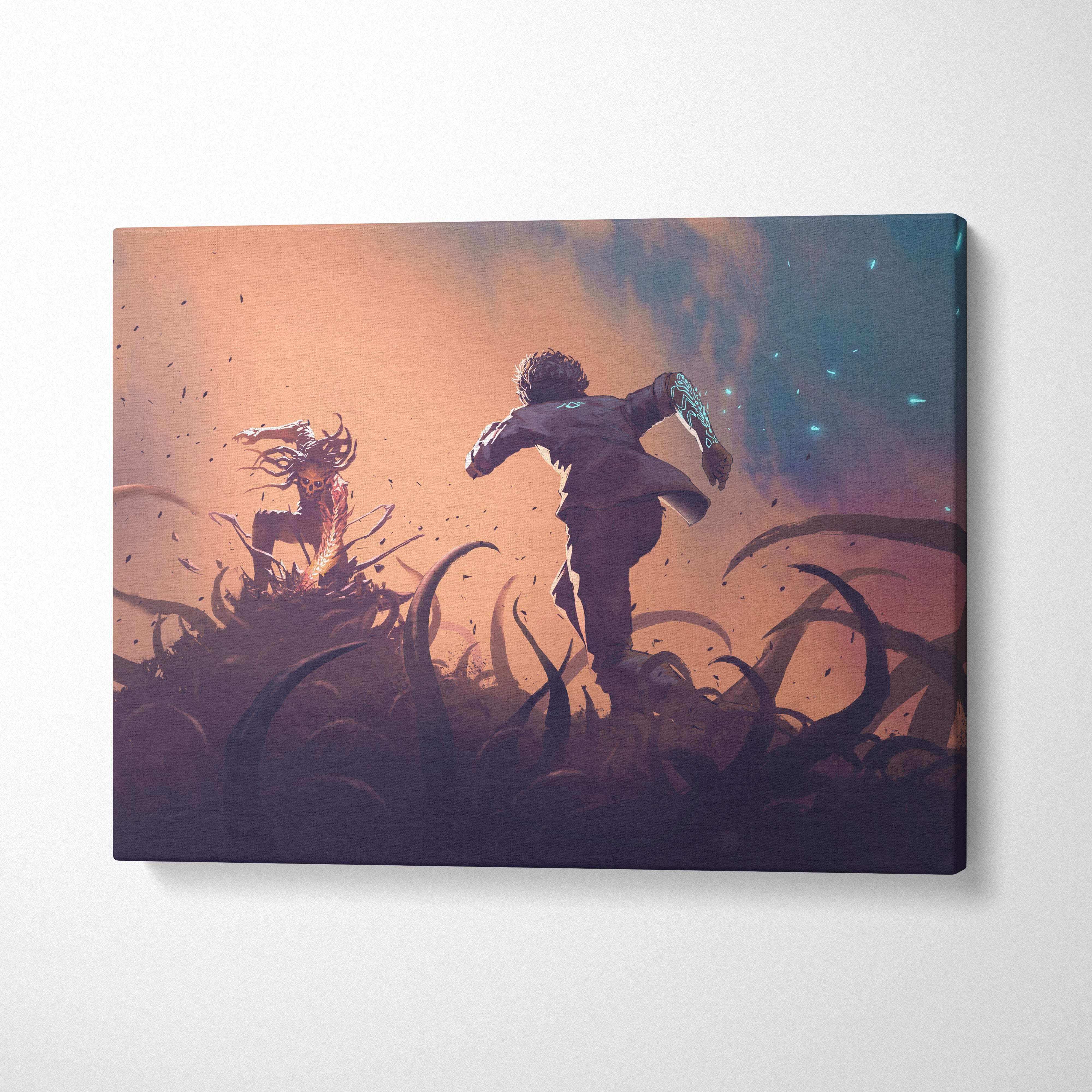 Dark fantasy escape canvas art featuring dynamic anime character in motion against orange teal sky and thorny terrain
