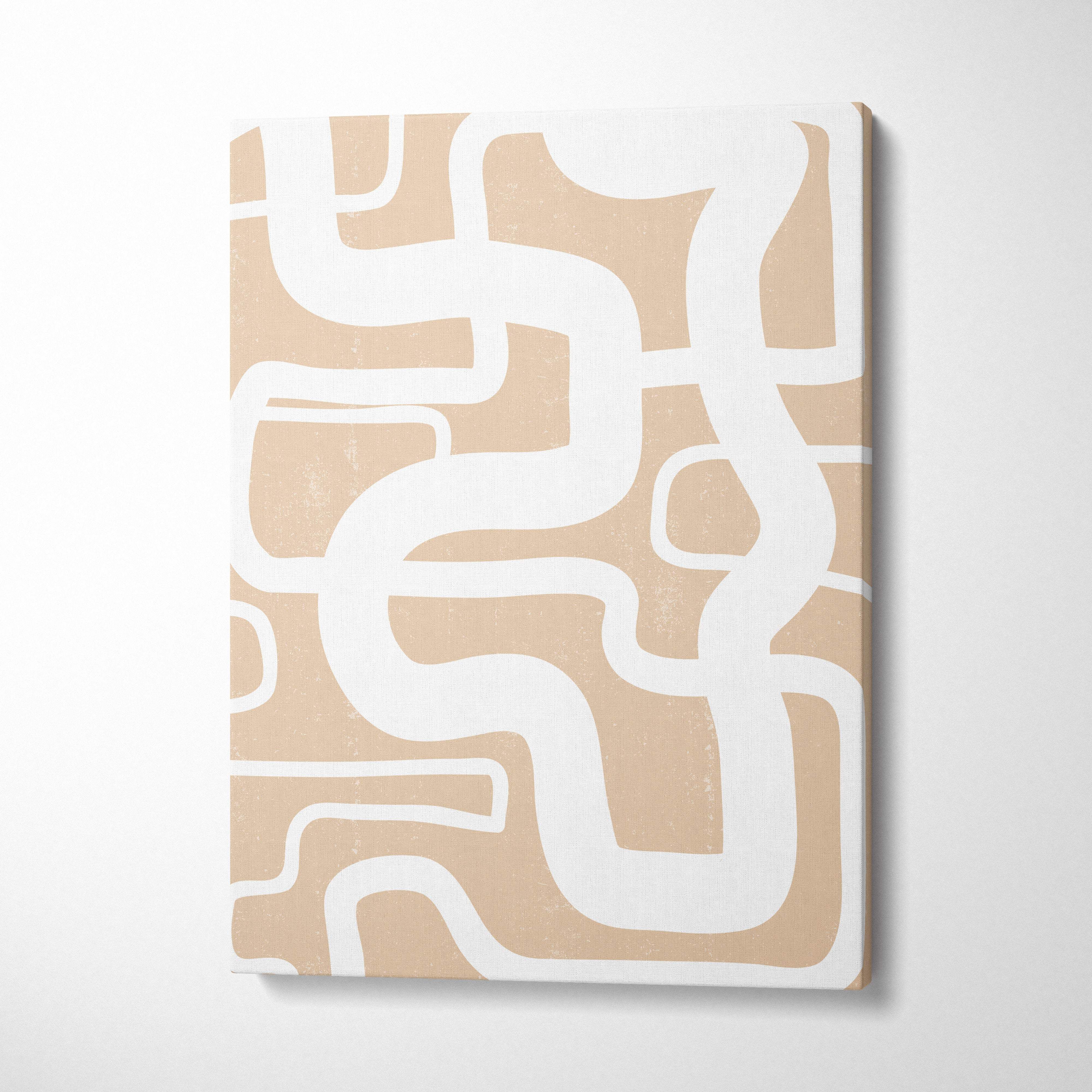 Beige canvas with abstract white line art featuring minimalist organic shapes for modern boho wall decor
