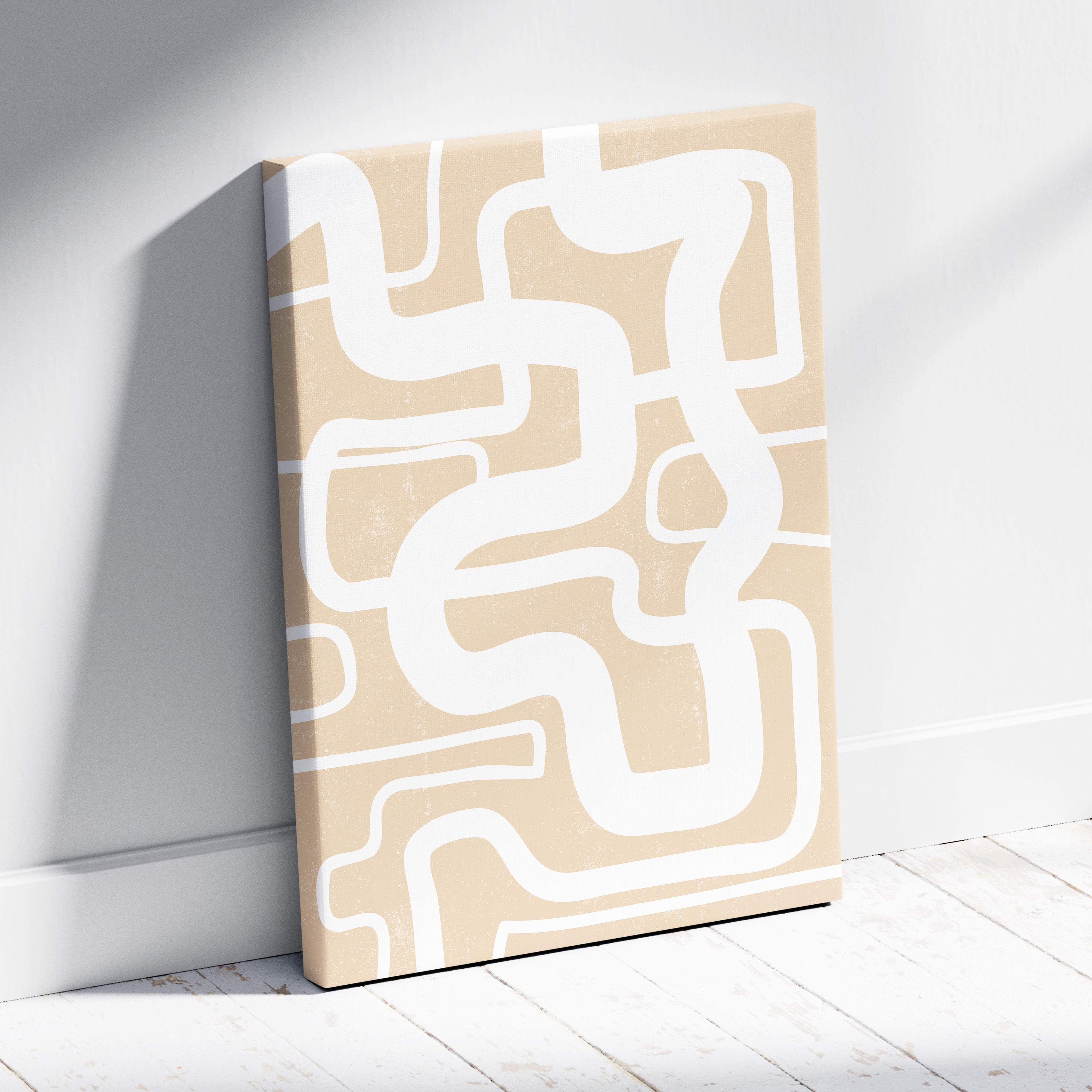 Beige canvas wall art with abstract white line patterns featuring minimalist organic shapes for boho decor