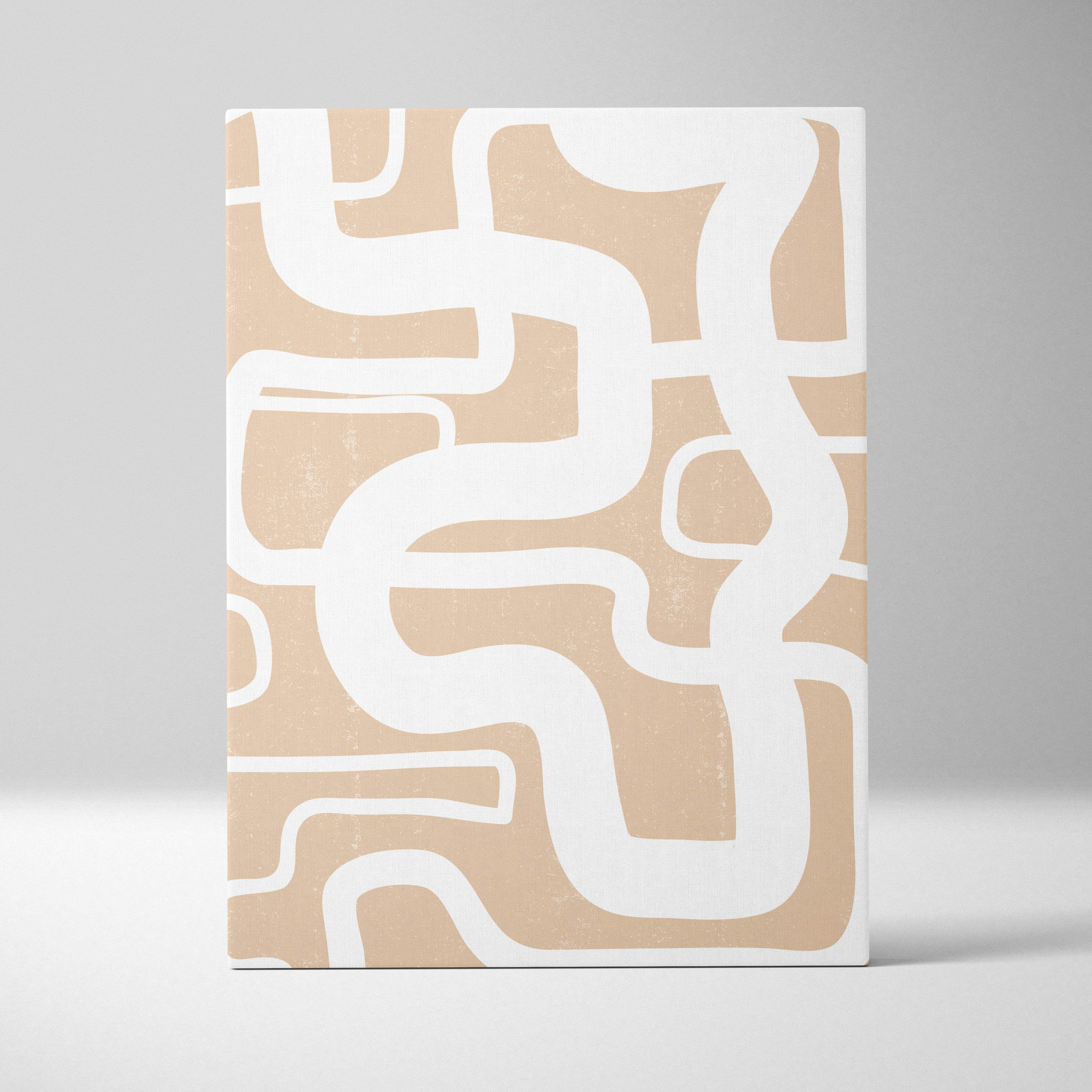 Beige canvas art with white abstract wavy line pattern featuring minimalist organic shapes for boho decor