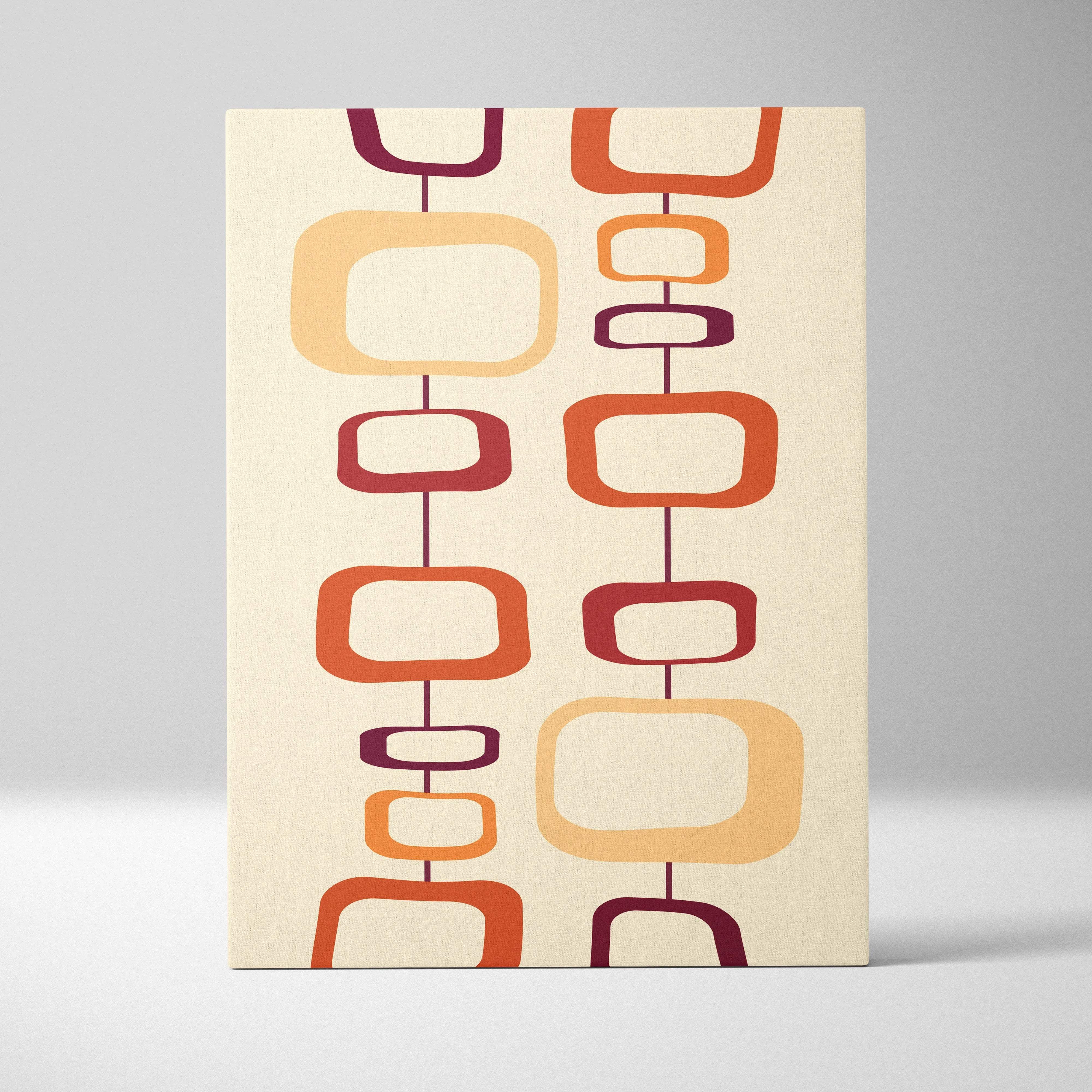 Mid-century modern abstract canvas wall art with retro geometric shapes in mustard orange and burgundy