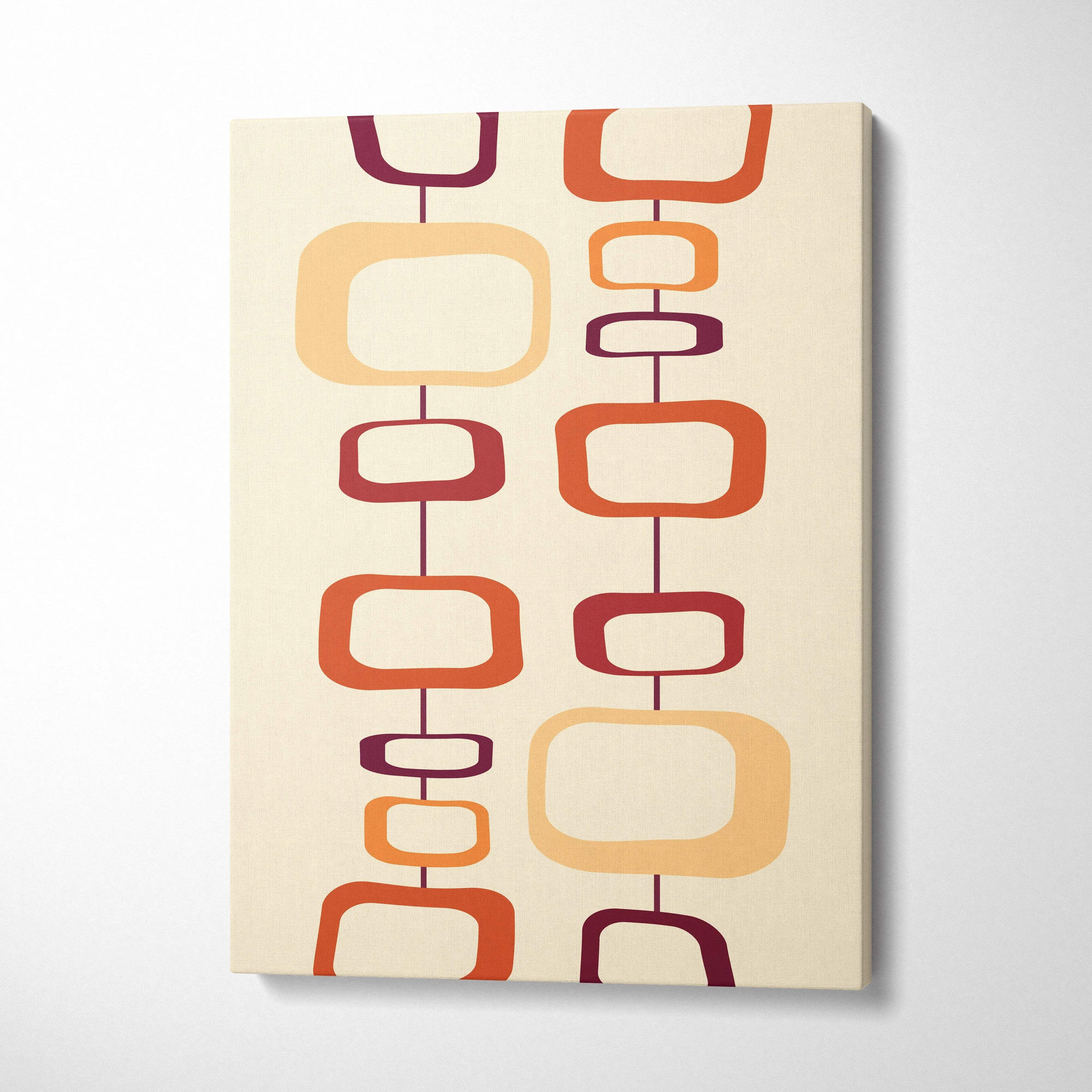 Mid-century modern abstract canvas art with retro orange maroon geometric shapes