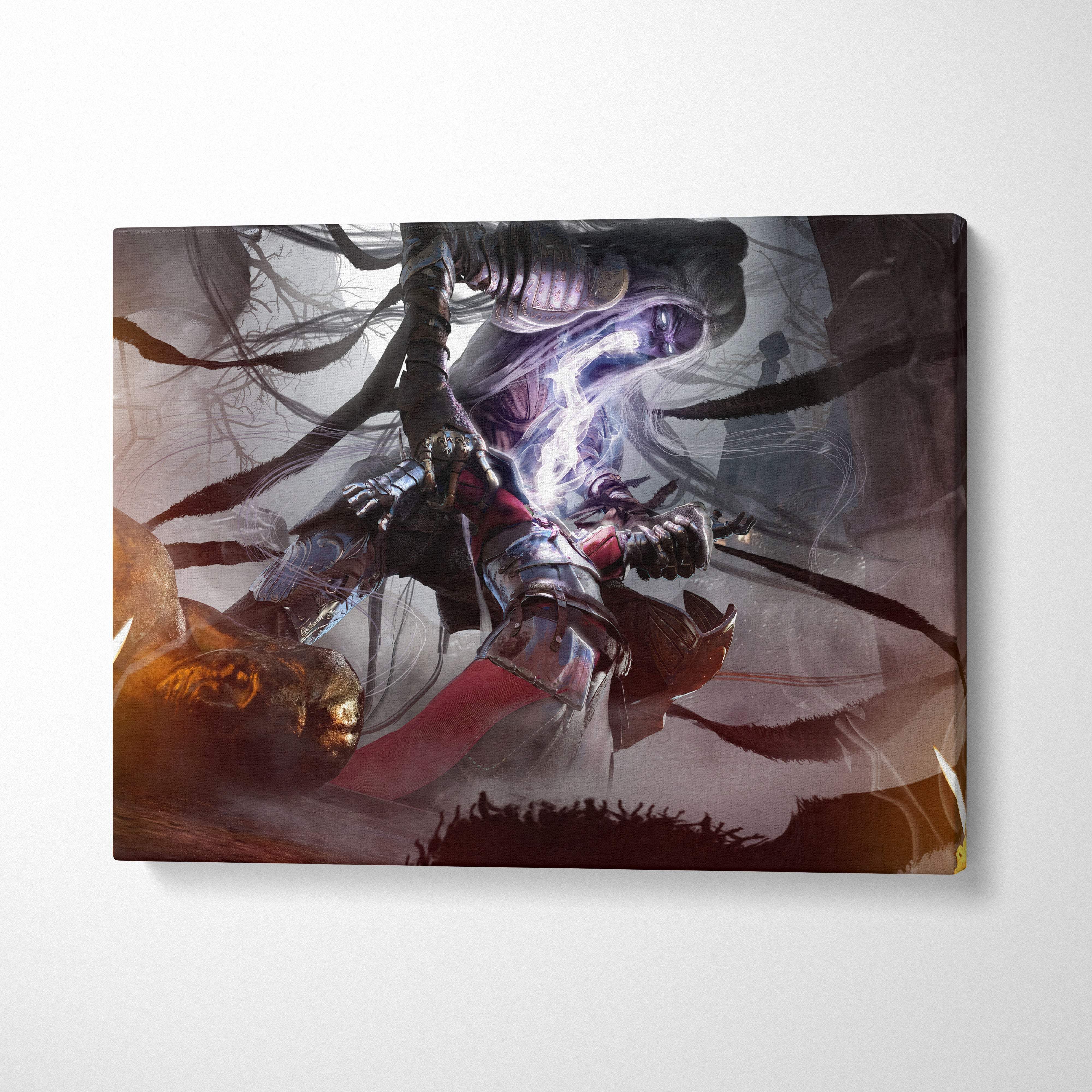 A framed canvas print of a dark assassin sorceress with red and silver armor battling amid shadow magic and glowing energy