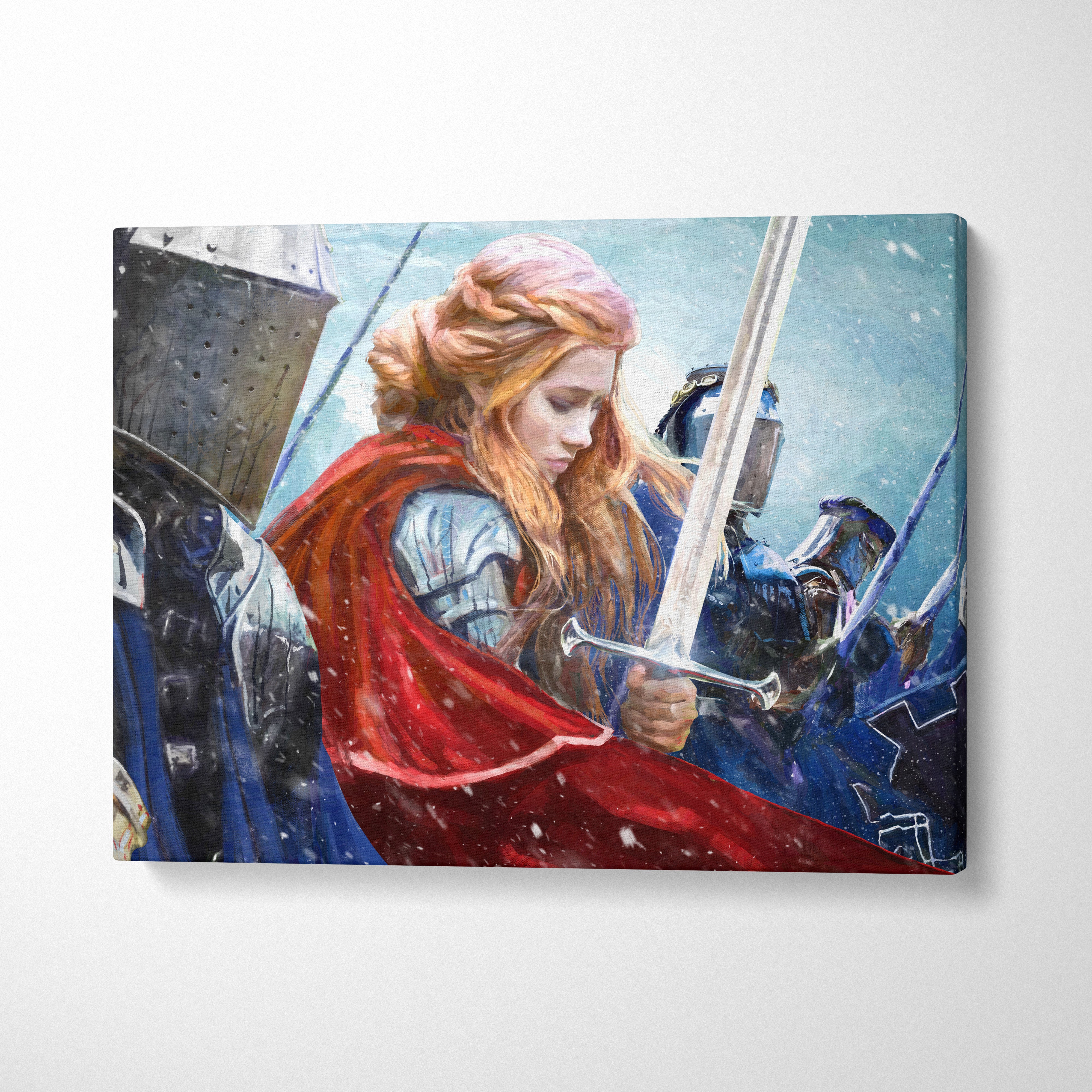 A canvas print of a female knight with silver armor and red cloak leading warriors in a snowy medieval battle scene