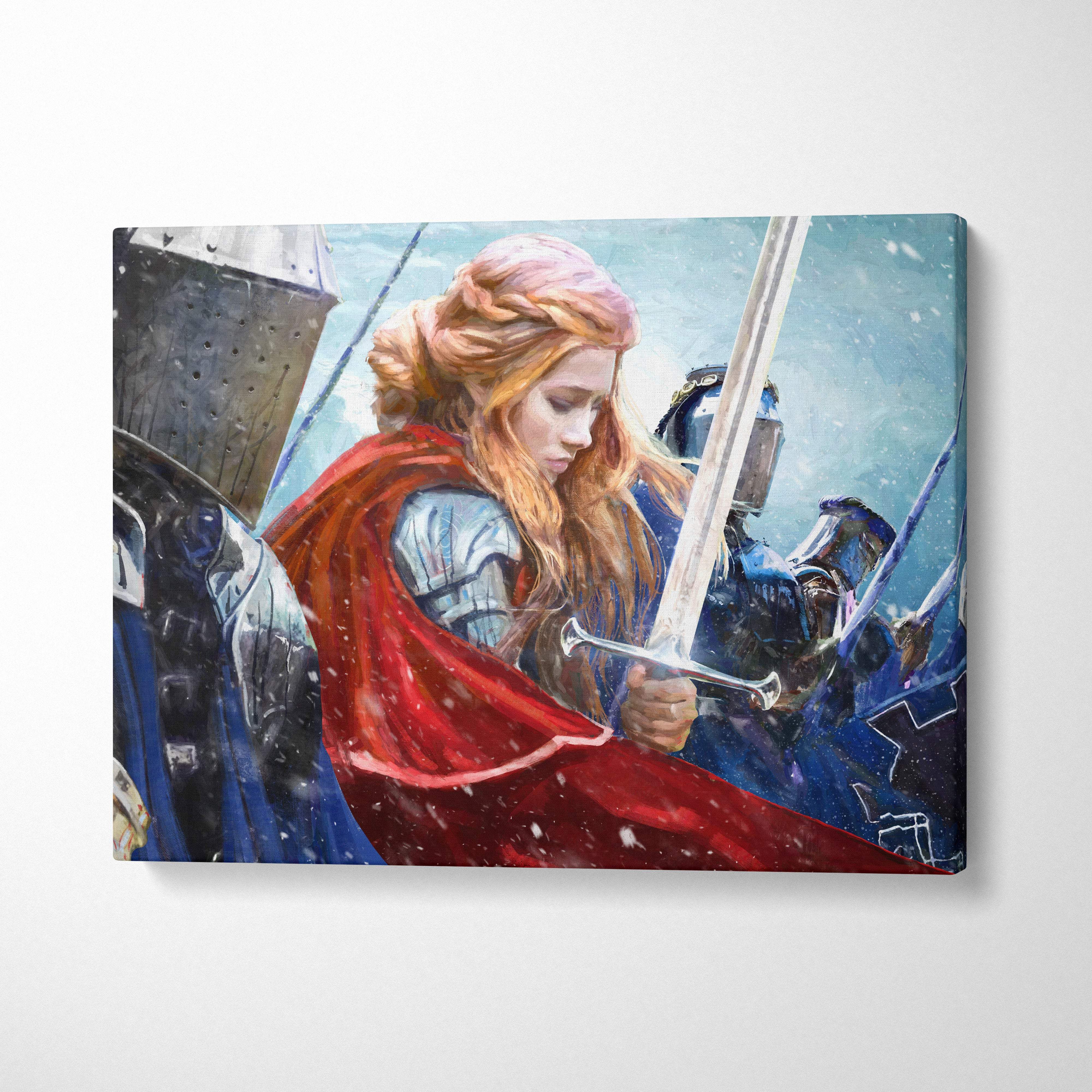 A canvas print of a female knight with silver armor and red cloak leading warriors in a snowy medieval battle scene