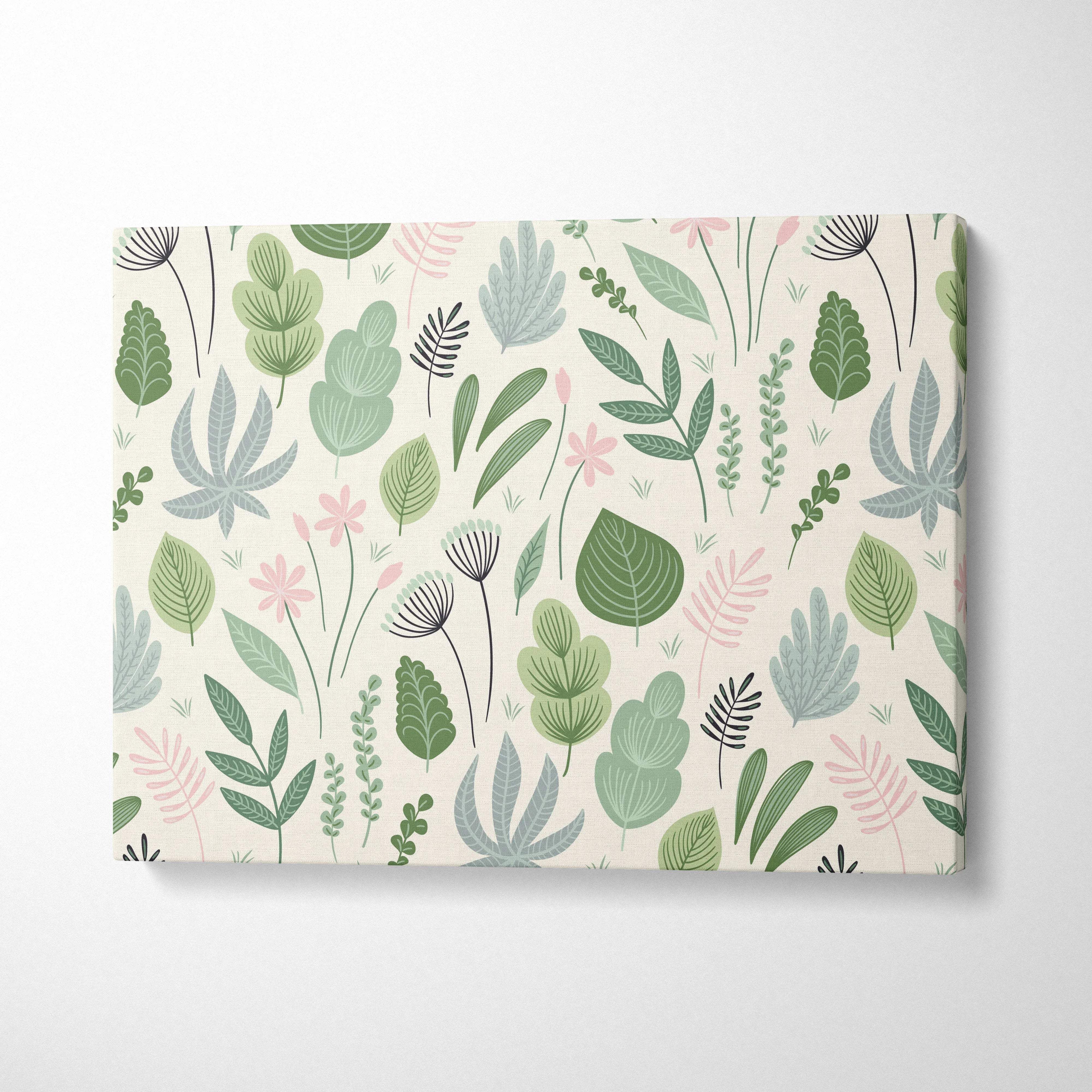 Seamless botanical leaves and wildflowers canvas wall art in sage green and blush pink