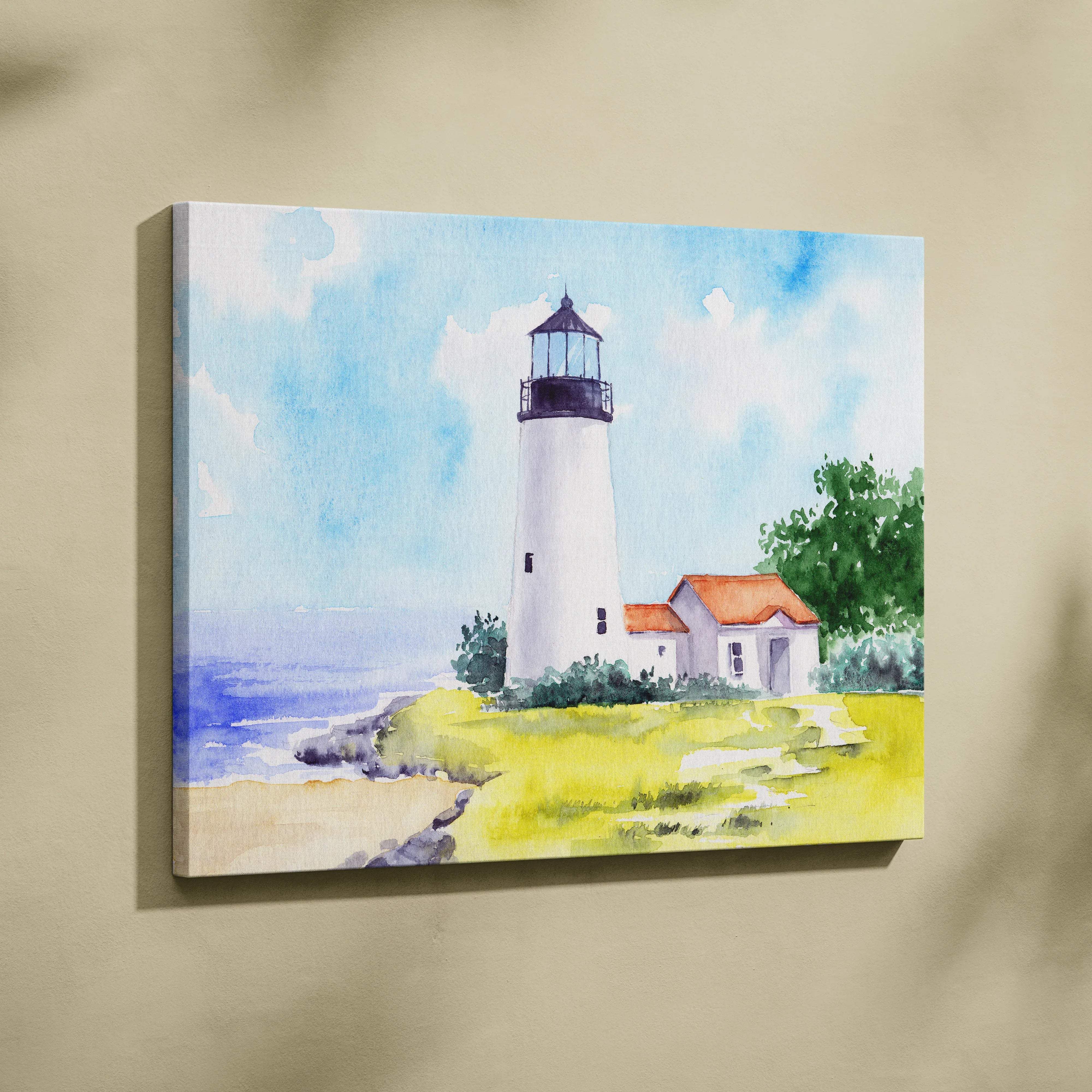 Watercolor canvas print of white lighthouse and red roof cottage by ocean