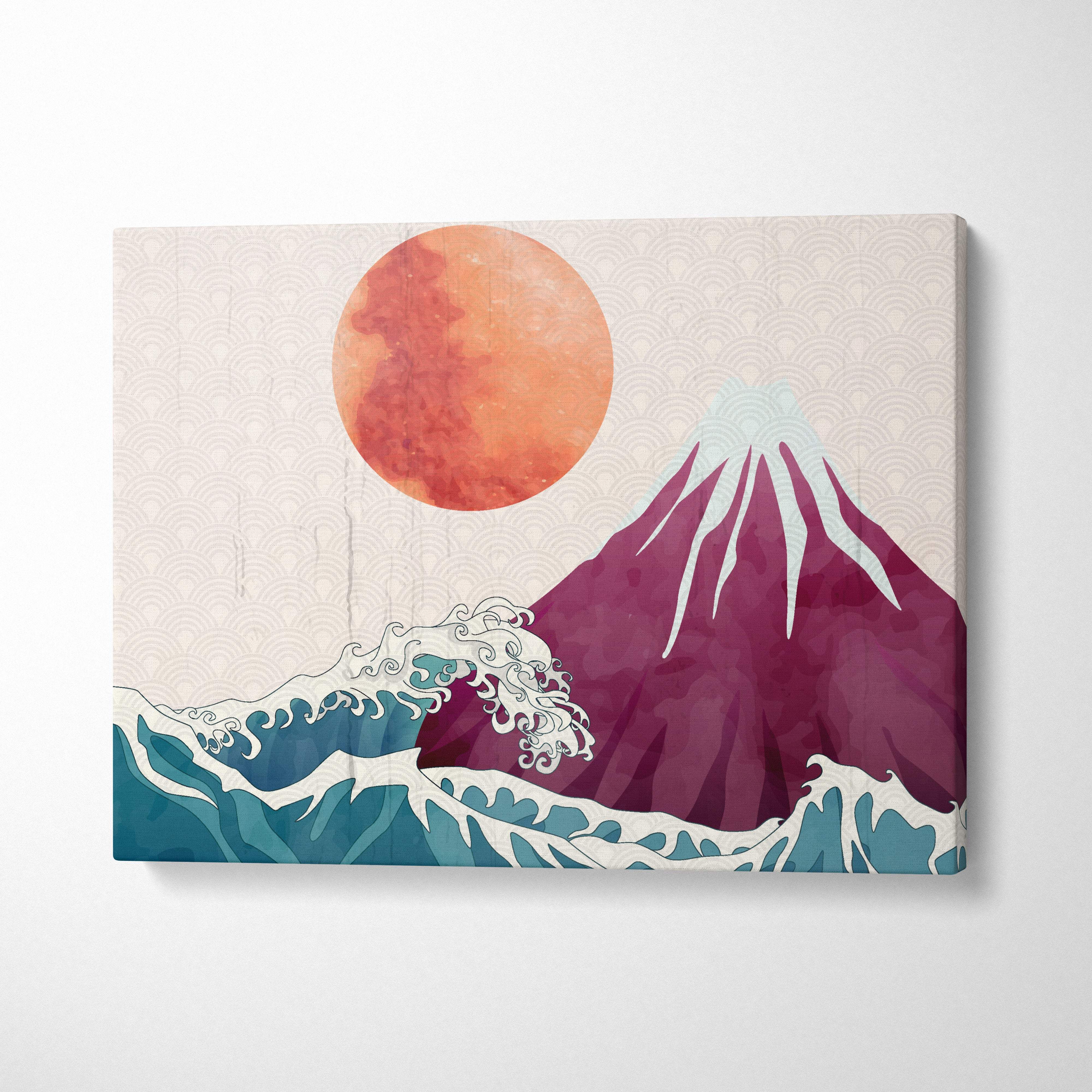 Mount fuji ocean wave canvas wall art with a vibrant orange sun purple snow-capped mountain and teal waves on beige background