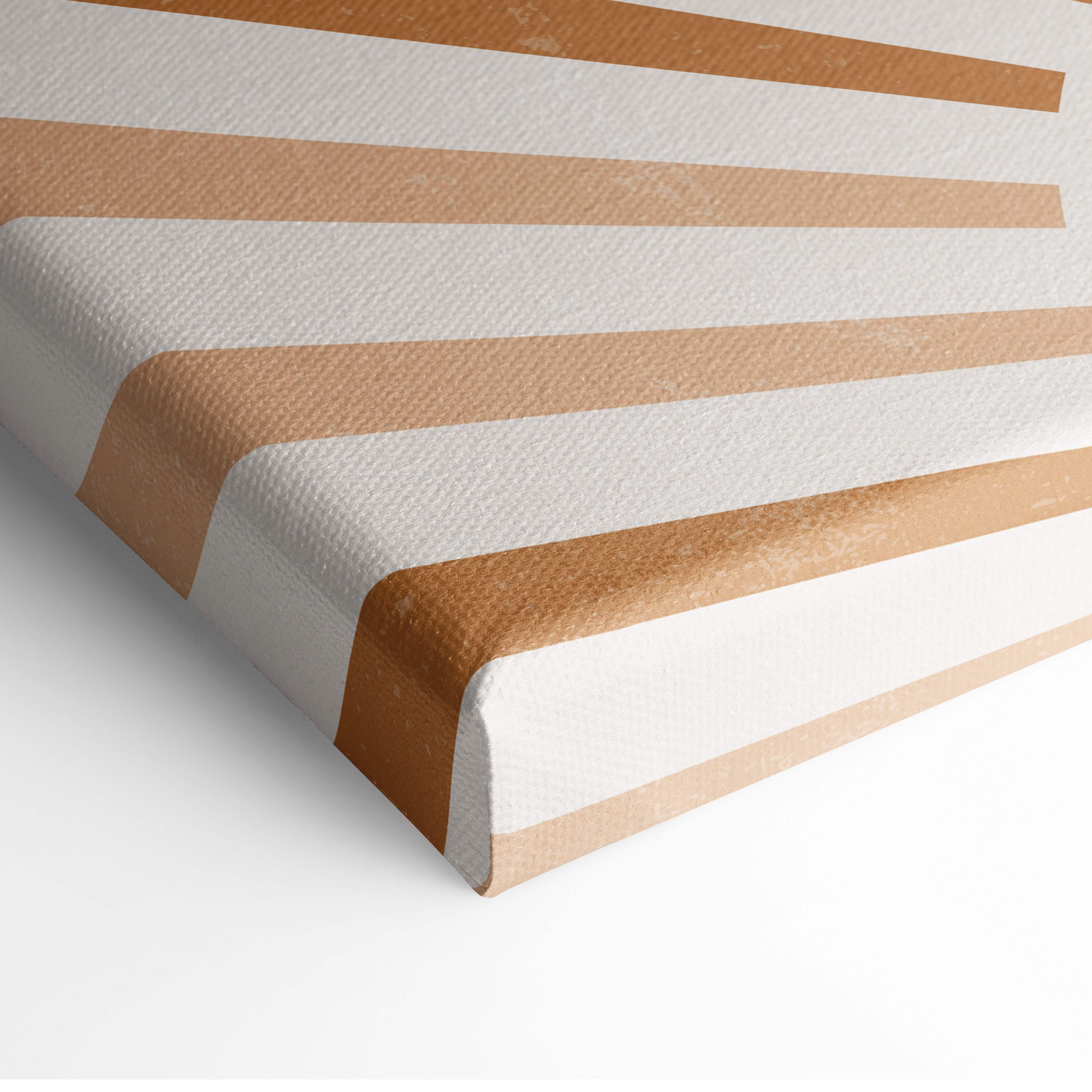 Boho sunrise canvas wall art with alternating white and metallic gold stripes and textured surface in neutral tones