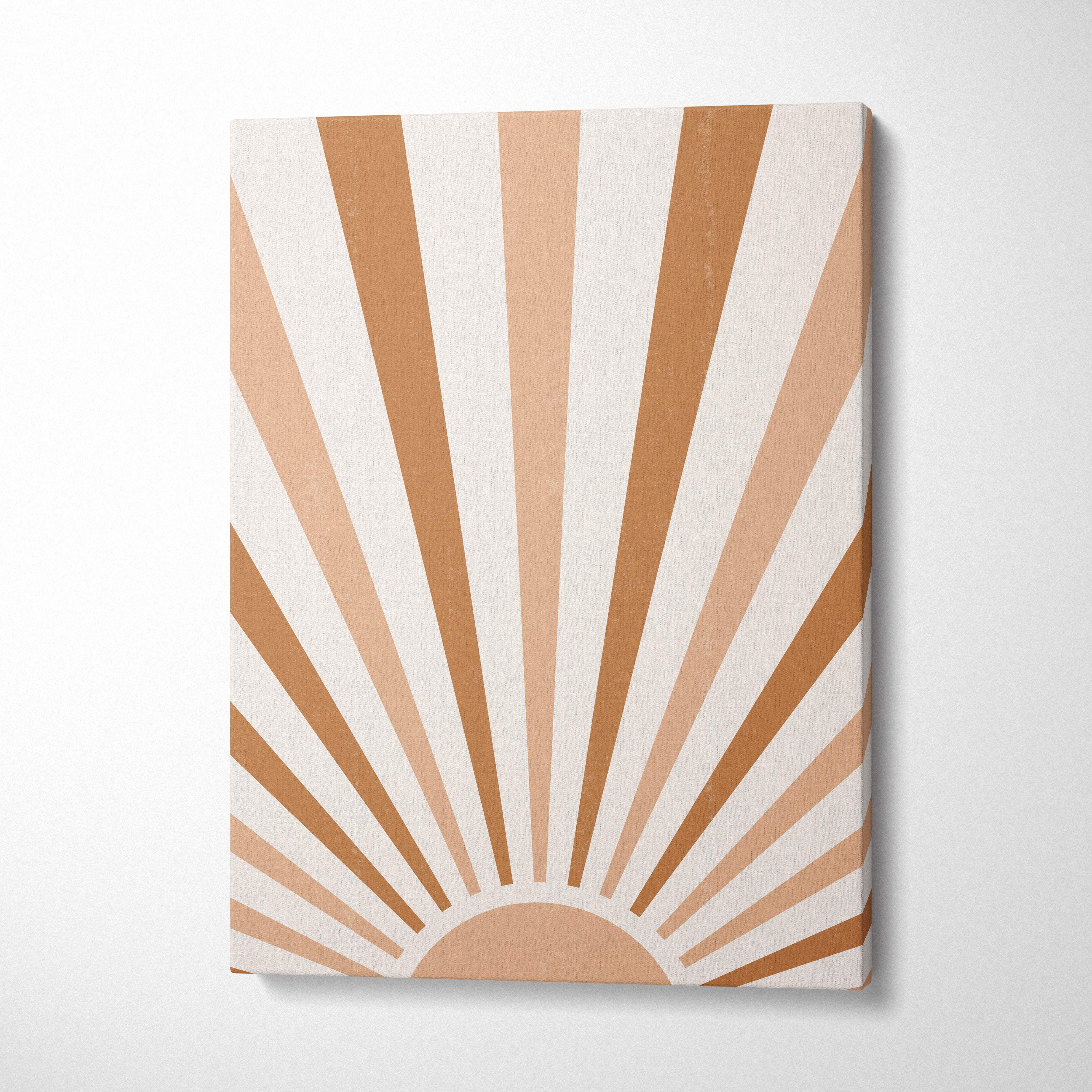 Boho Sunrise canvas wall art featuring a minimalist sunburst design in neutral beige and terracotta tones on canvas