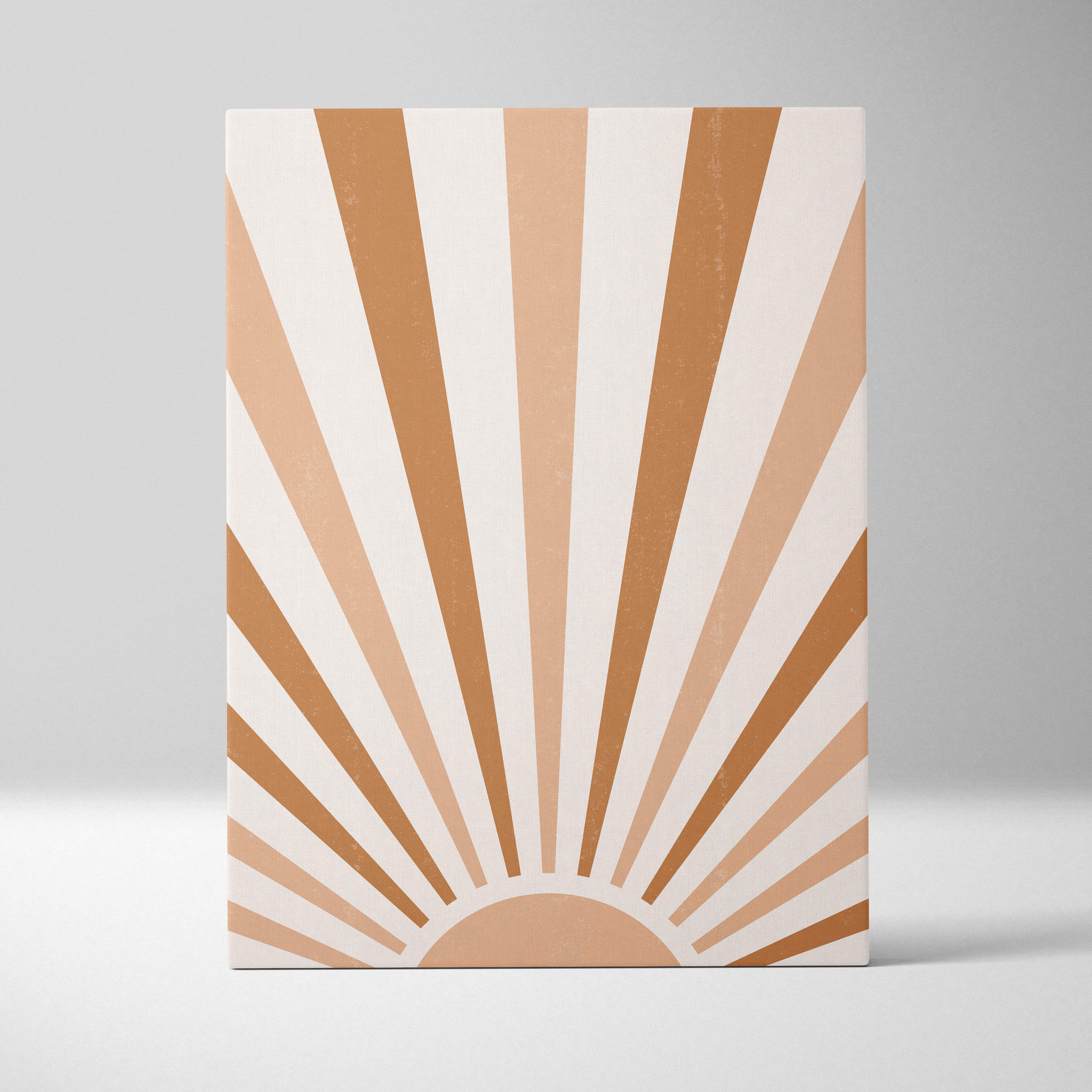 Boho sunrise canvas wall art with minimalist terracotta sunburst print in warm beige and tan tones