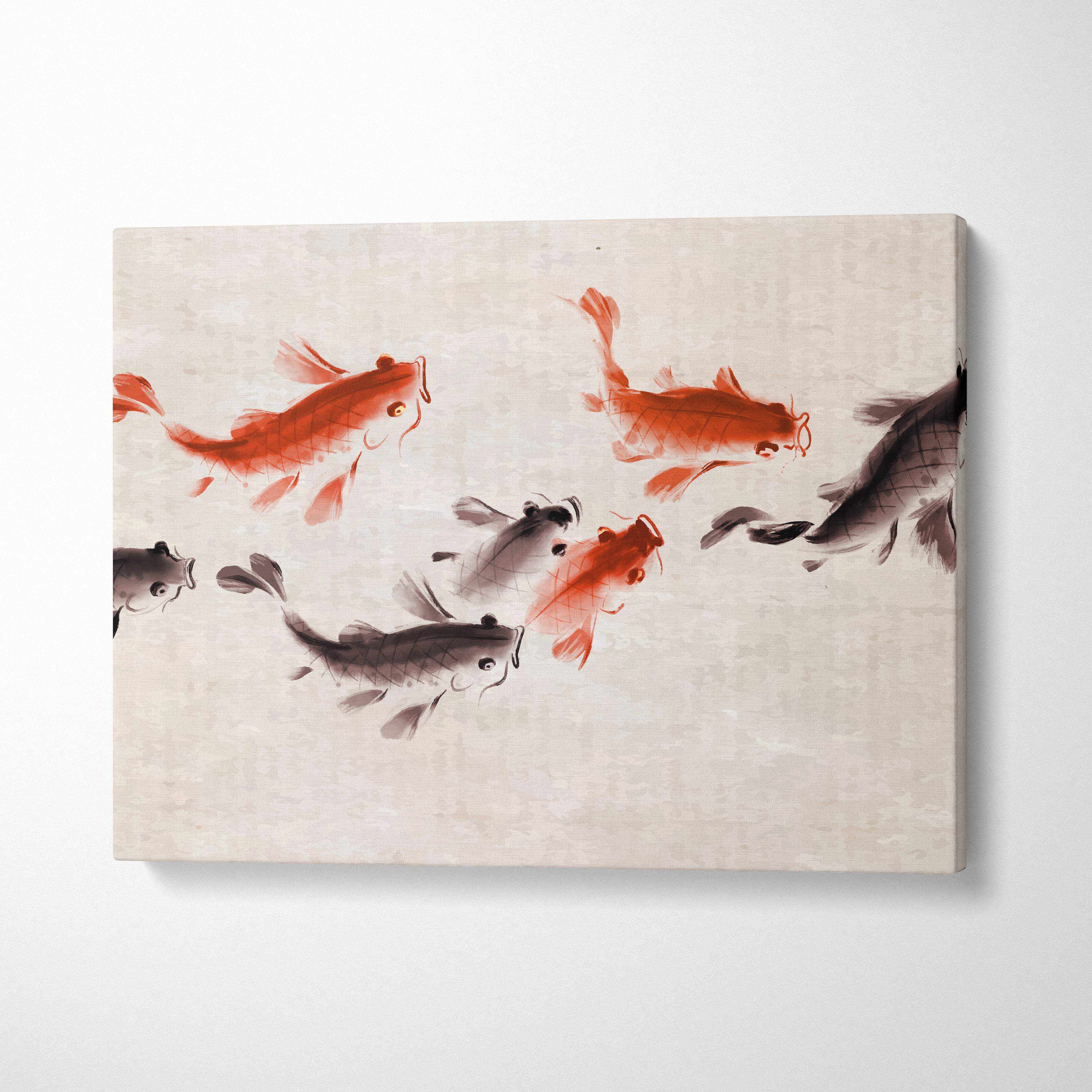 Beige canvas wall art featuring traditional ink wash koi fish painting in red black and gray for living room decor