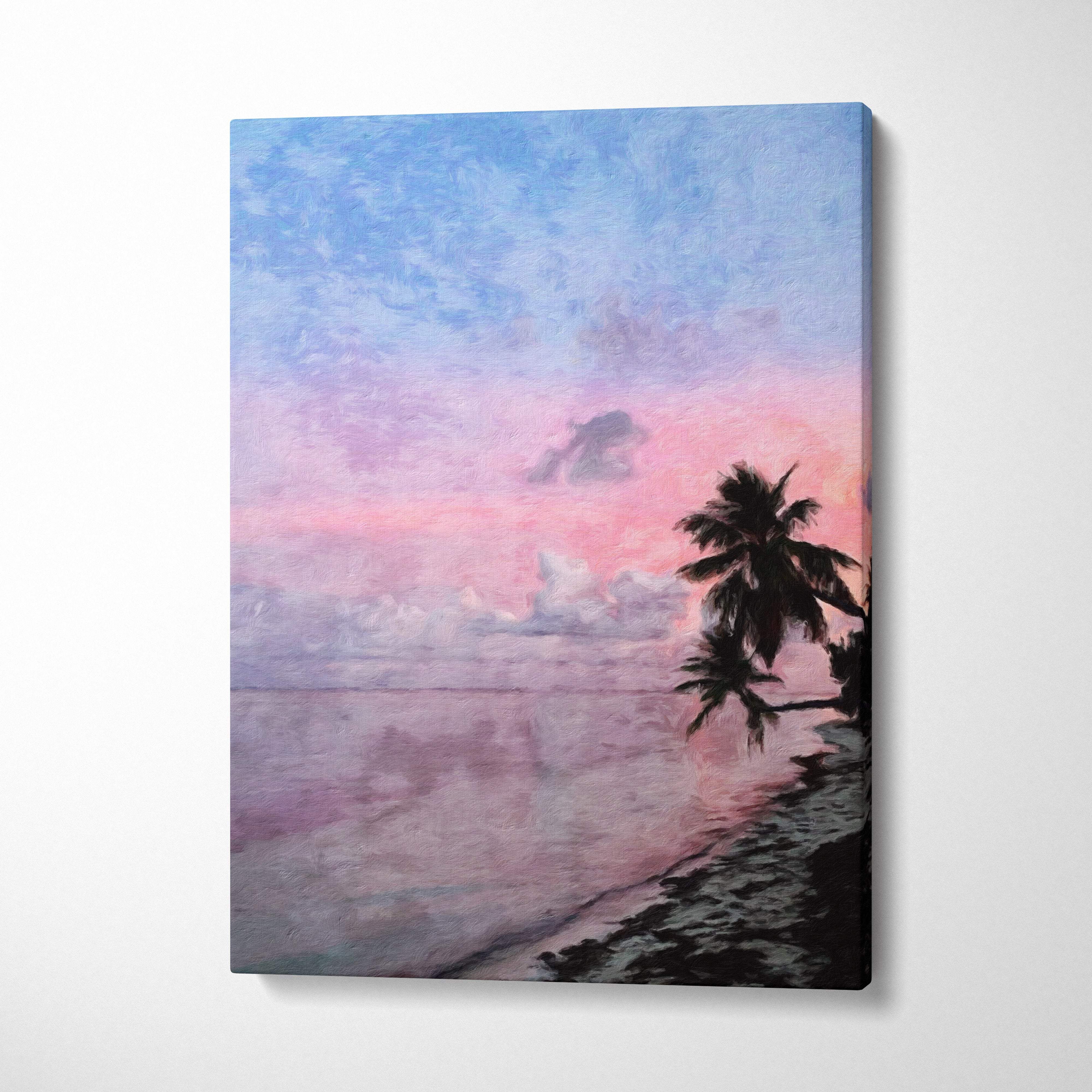 A rectangular canvas print of tropical pink sunset beach painting featuring palm tree silhouettes and soft pastel sky