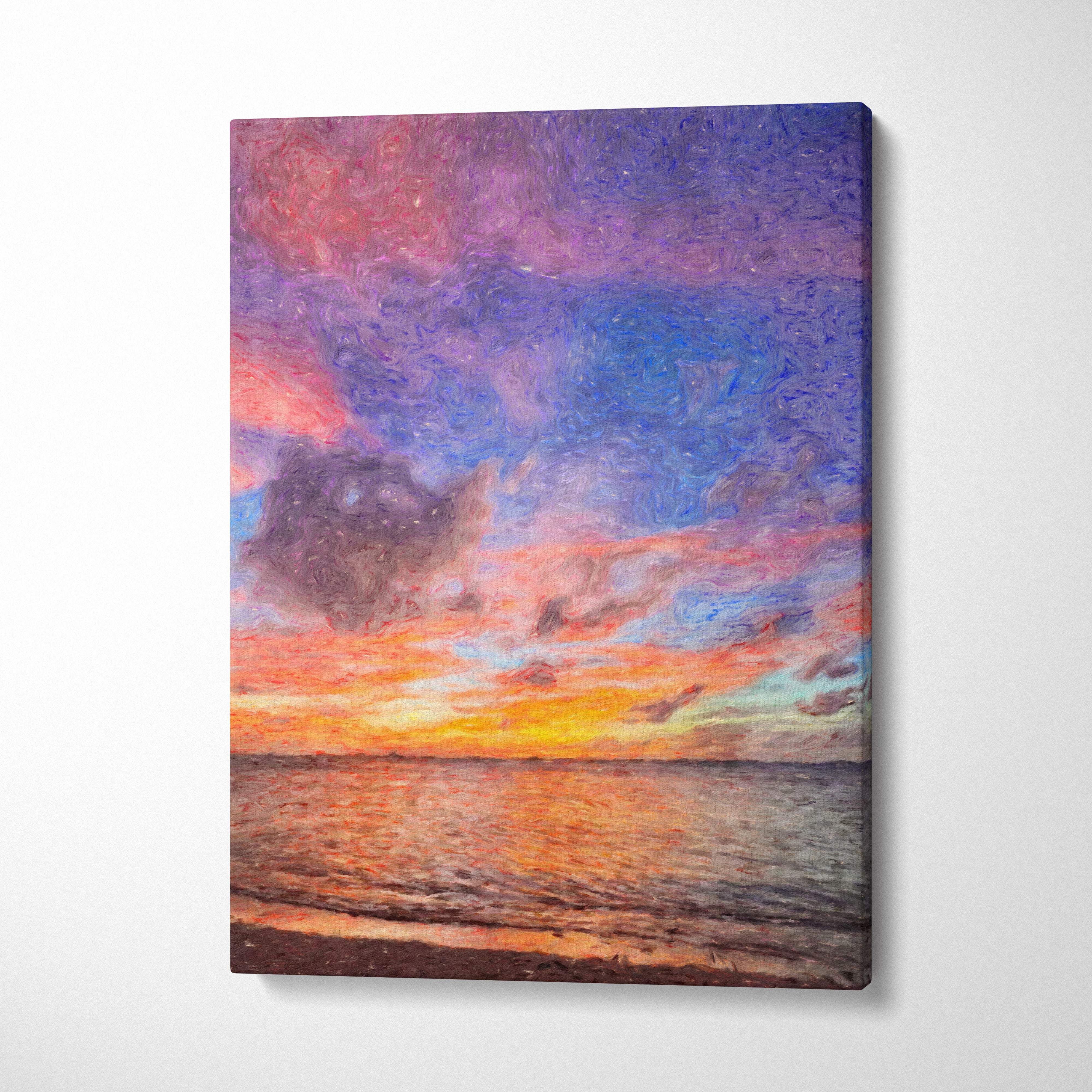 Vibrant sunset seascape canvas print featuring a colorful sky with pink purple orange clouds over textured ocean waves