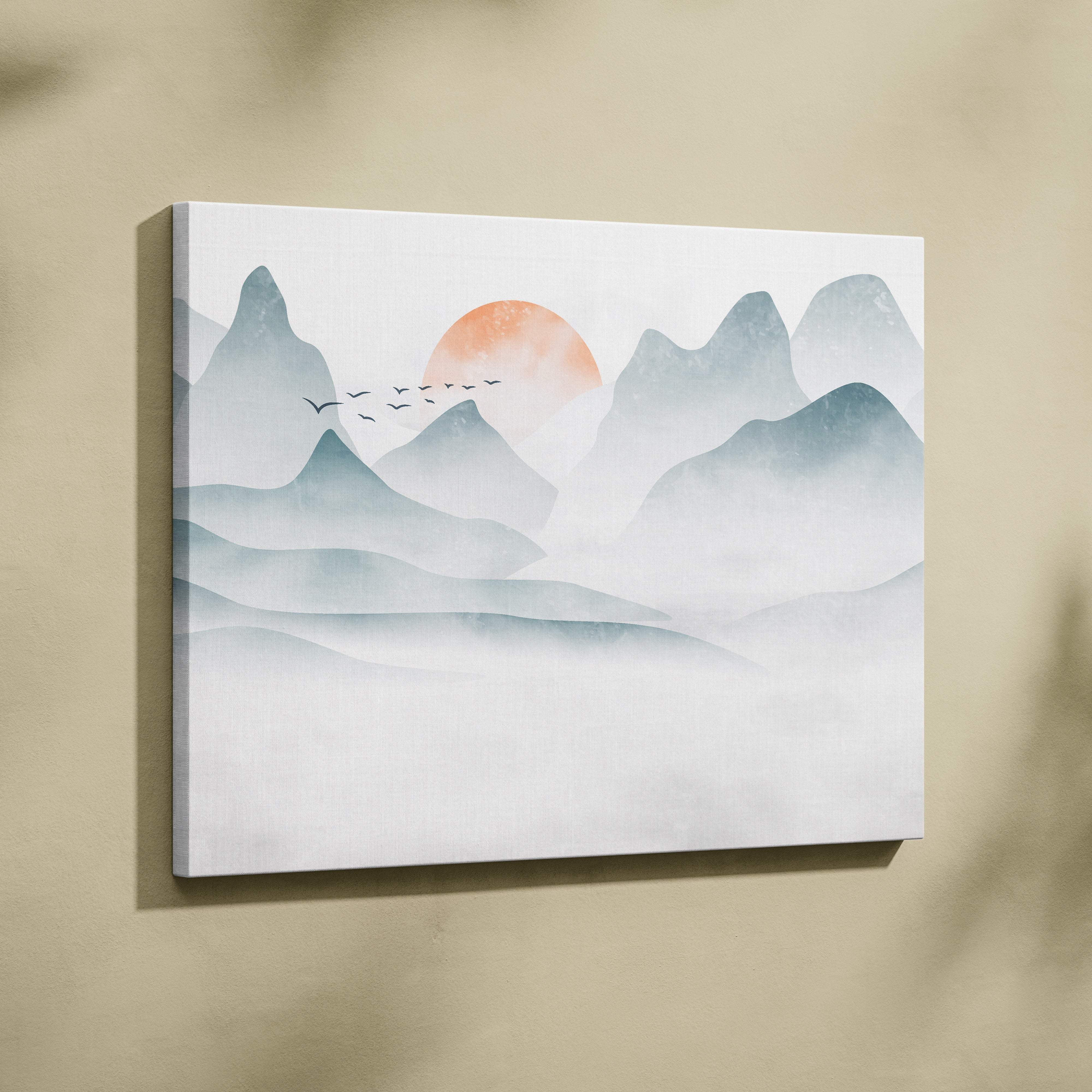 Minimalist misty mountain sunrise canvas wall art print with teal gray layers orange sun and flying birds for japandi decor