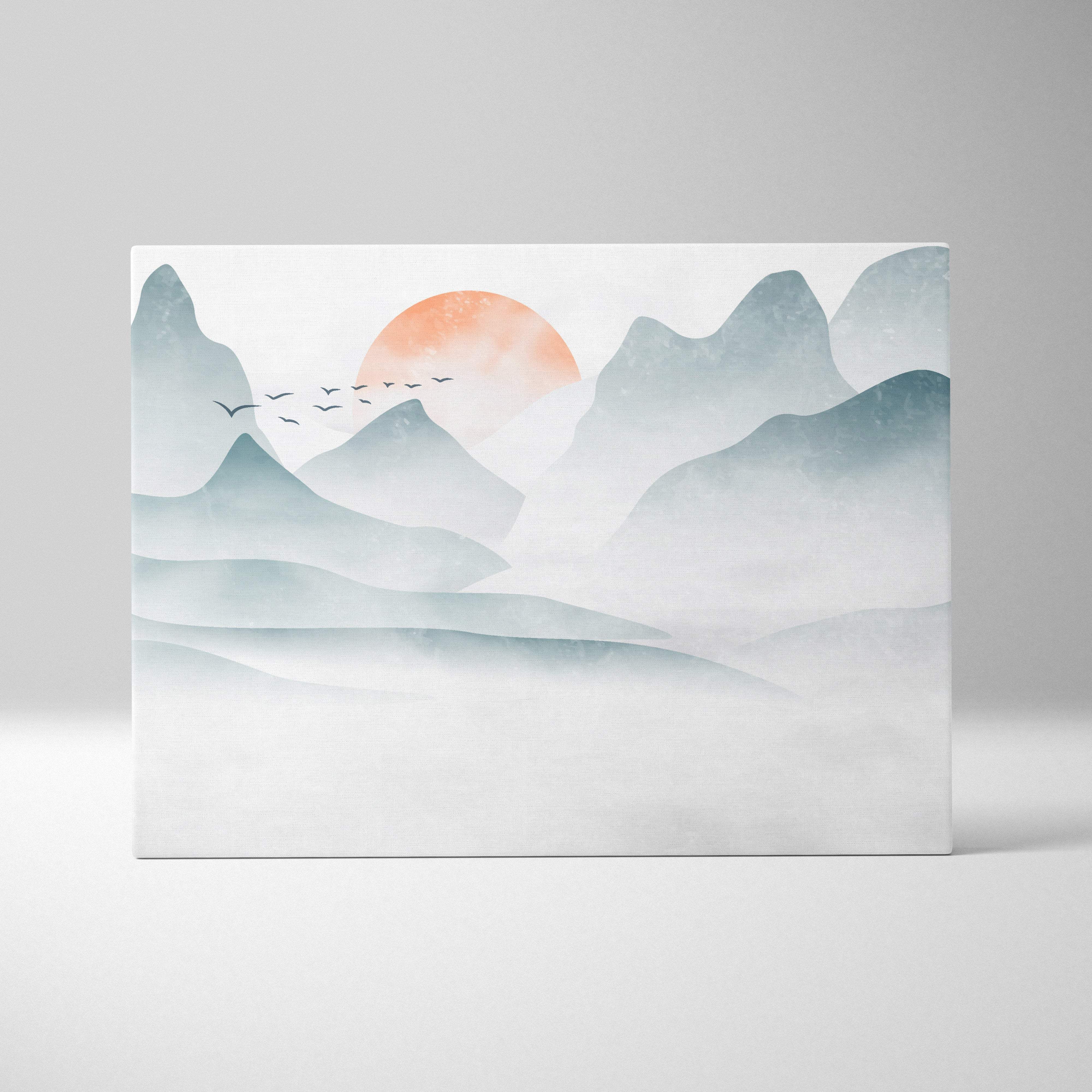 Misty mountain sunrise canvas wall art print with watercolor blue gray mountains orange sun and birds for japandi decor