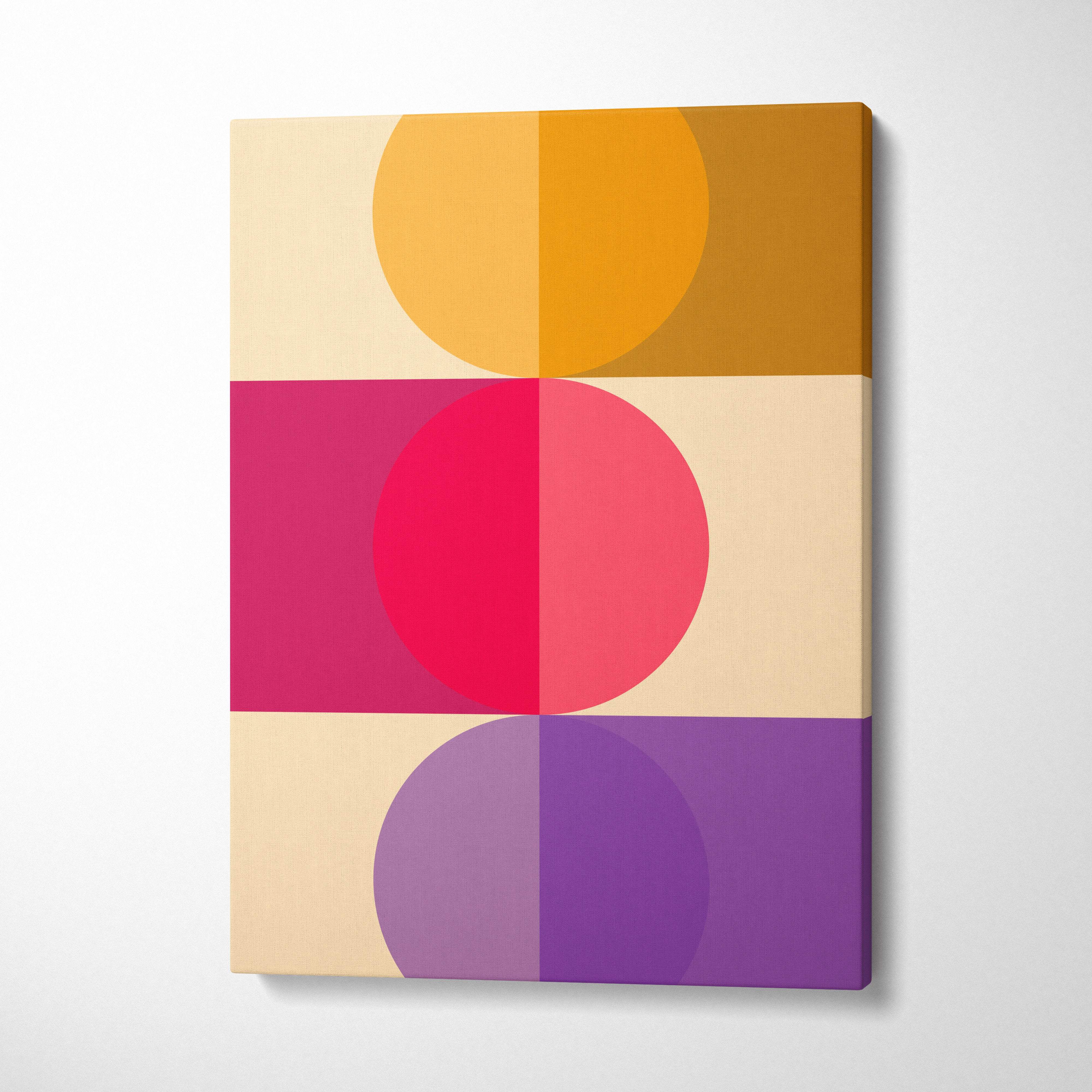 Boho geometric circles canvas wall art with overlapping orange pink and purple circles on beige background mid century decor
