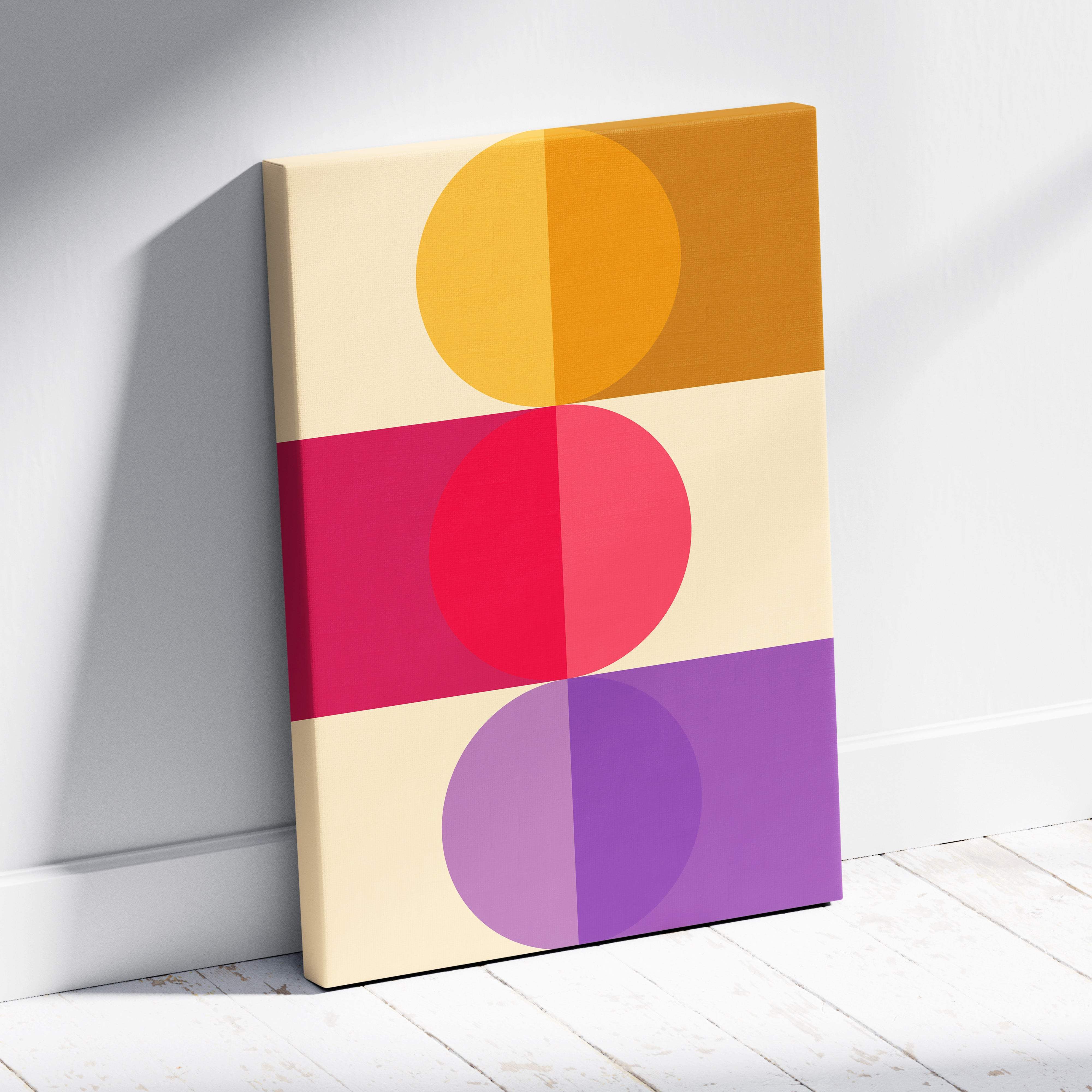 Boho geometric circles canvas wall art with overlapping yellow red and purple circles on cream background for modern decor