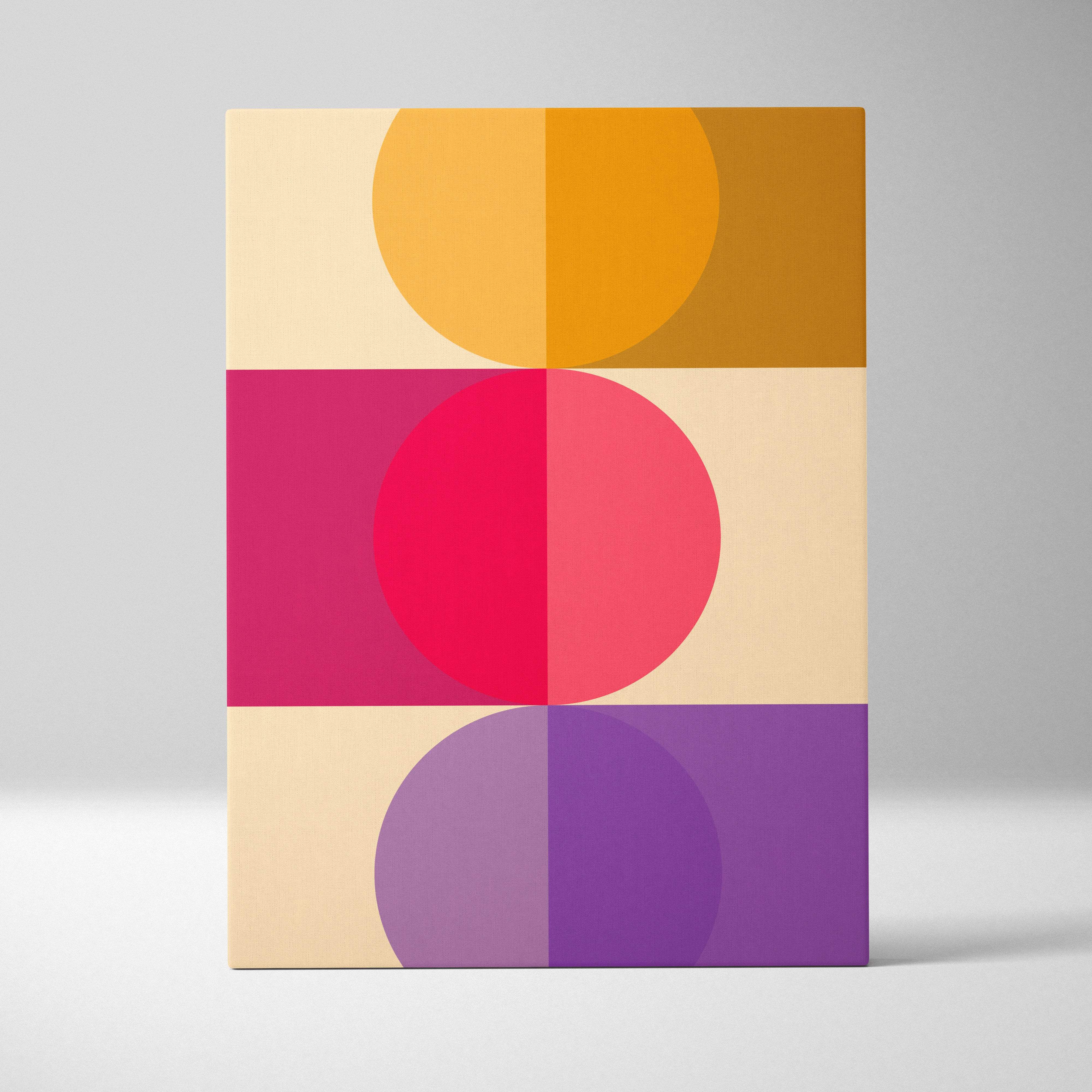 Boho geometric circles canvas wall art with bold orange magenta and purple circles on a cream background in terracotta coral and purple