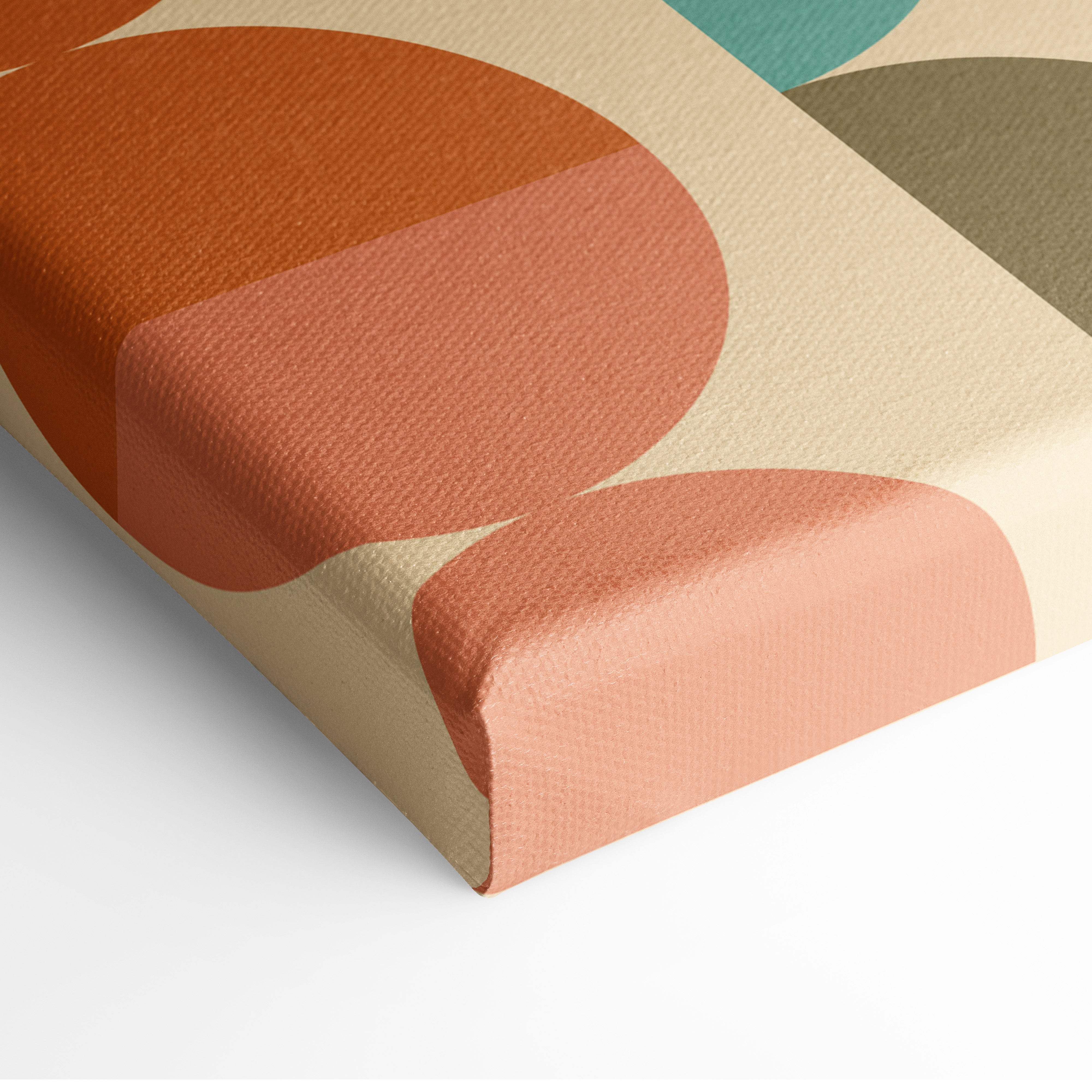 Boho geometric pattern canvas wall art featuring abstract overlapping terracotta and teal circles on beige background