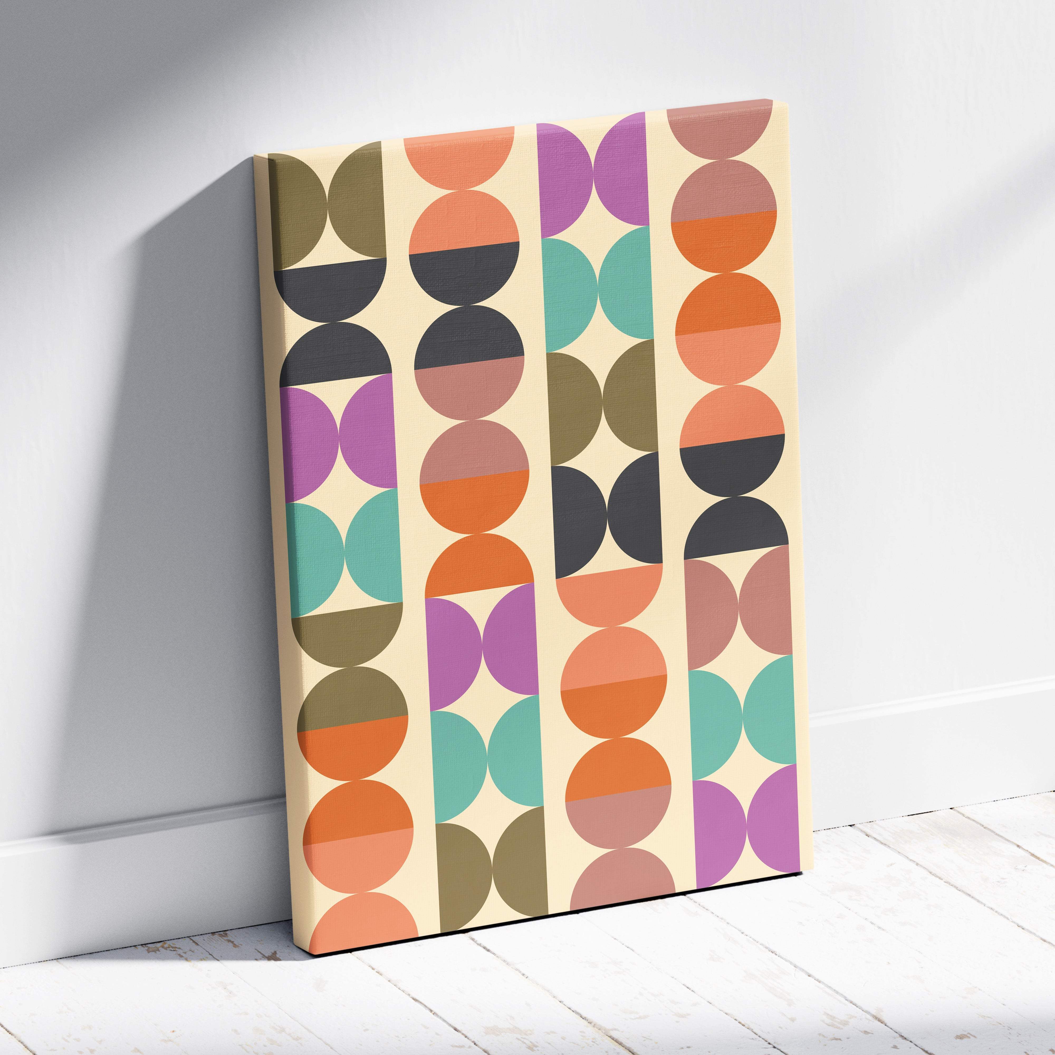 Rectangular canvas wall art with vibrant geometric overlapping circles in orange purple teal olive green and black on off-white