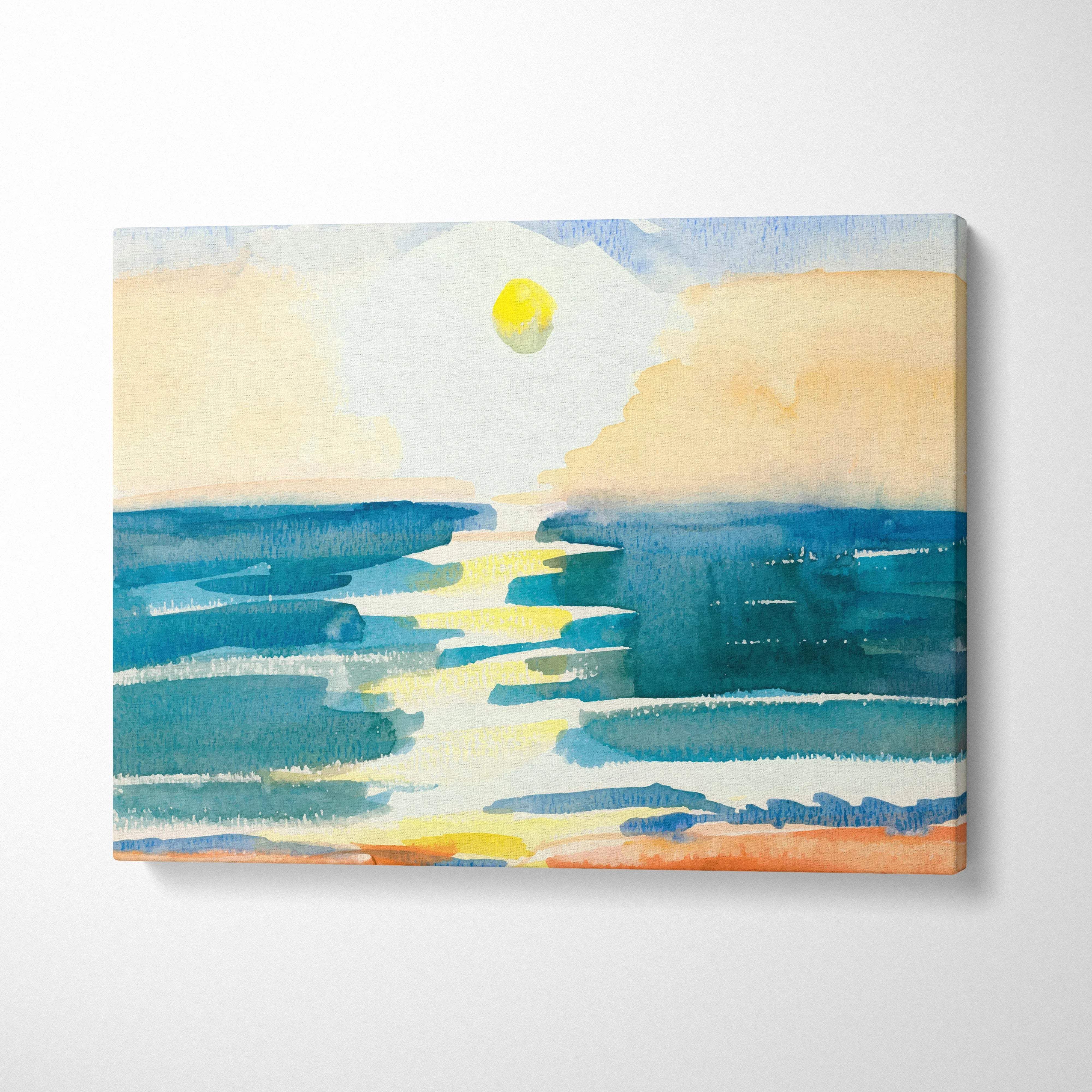 Sunset ocean watercolor canvas wall art in teal blue sea, golden sun, peach sky