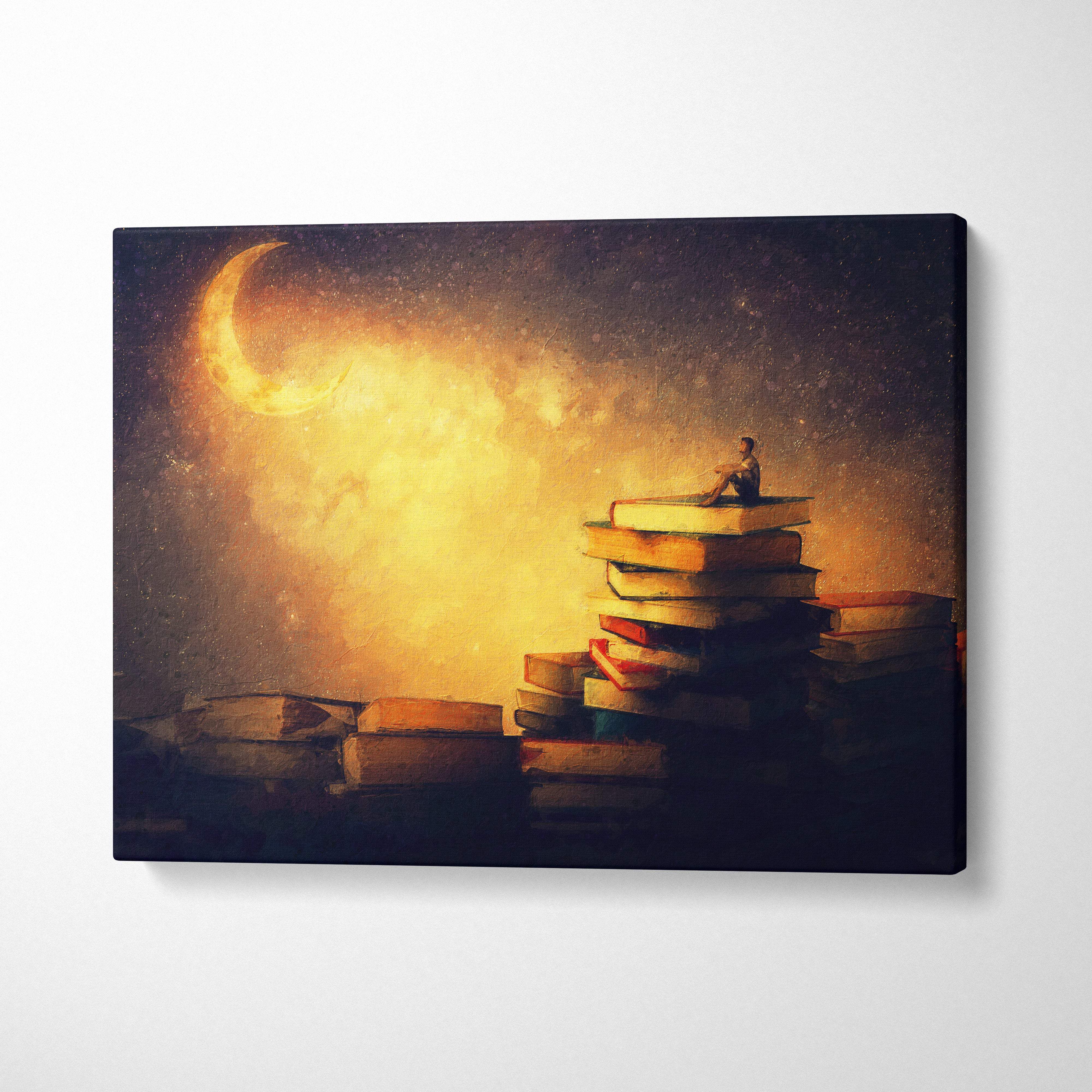 Dreamy moon books canvas wall art print showing a golden night reading fantasy with a figure on books under crescent moon