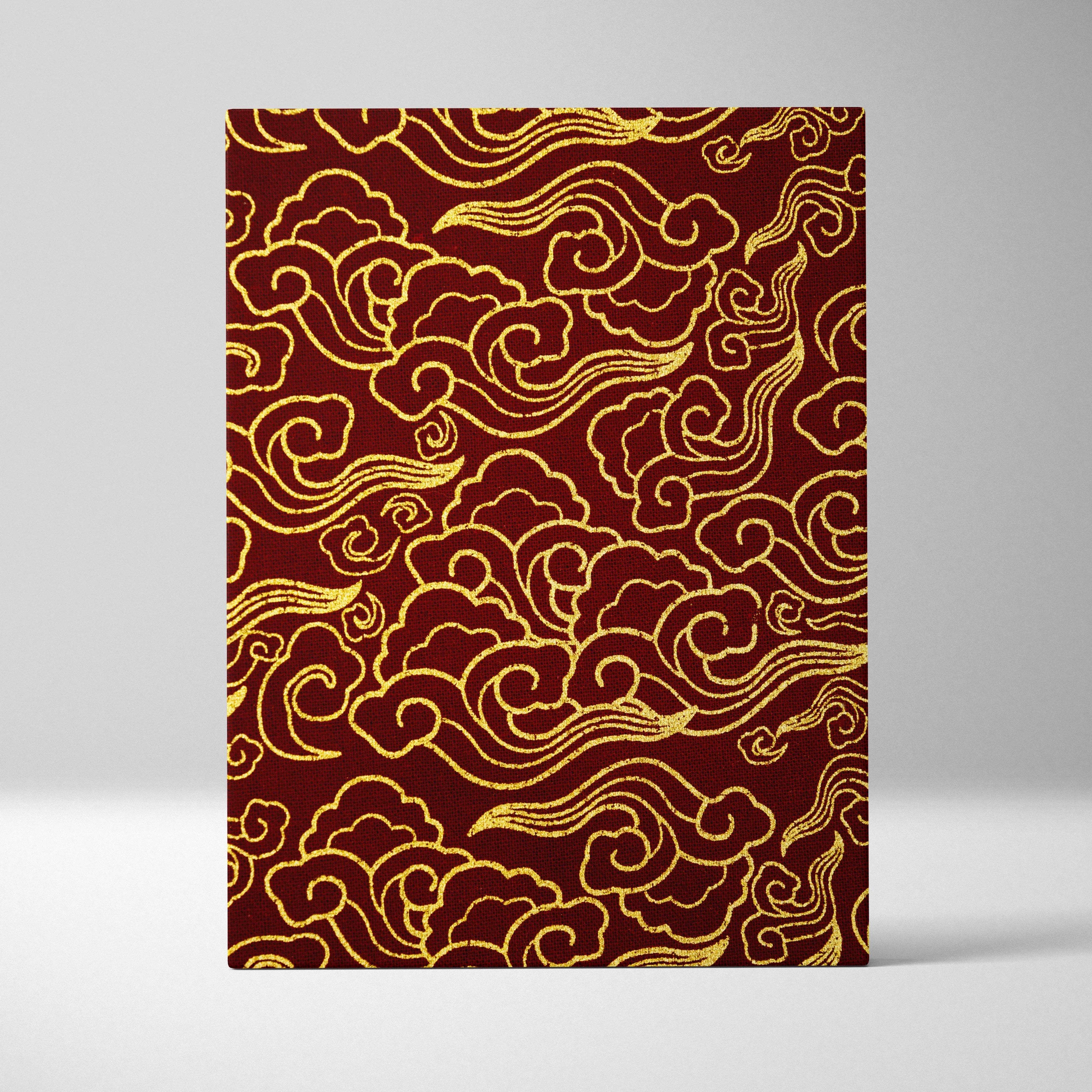 Ornate gold cloud pattern on crimson canvas wall art