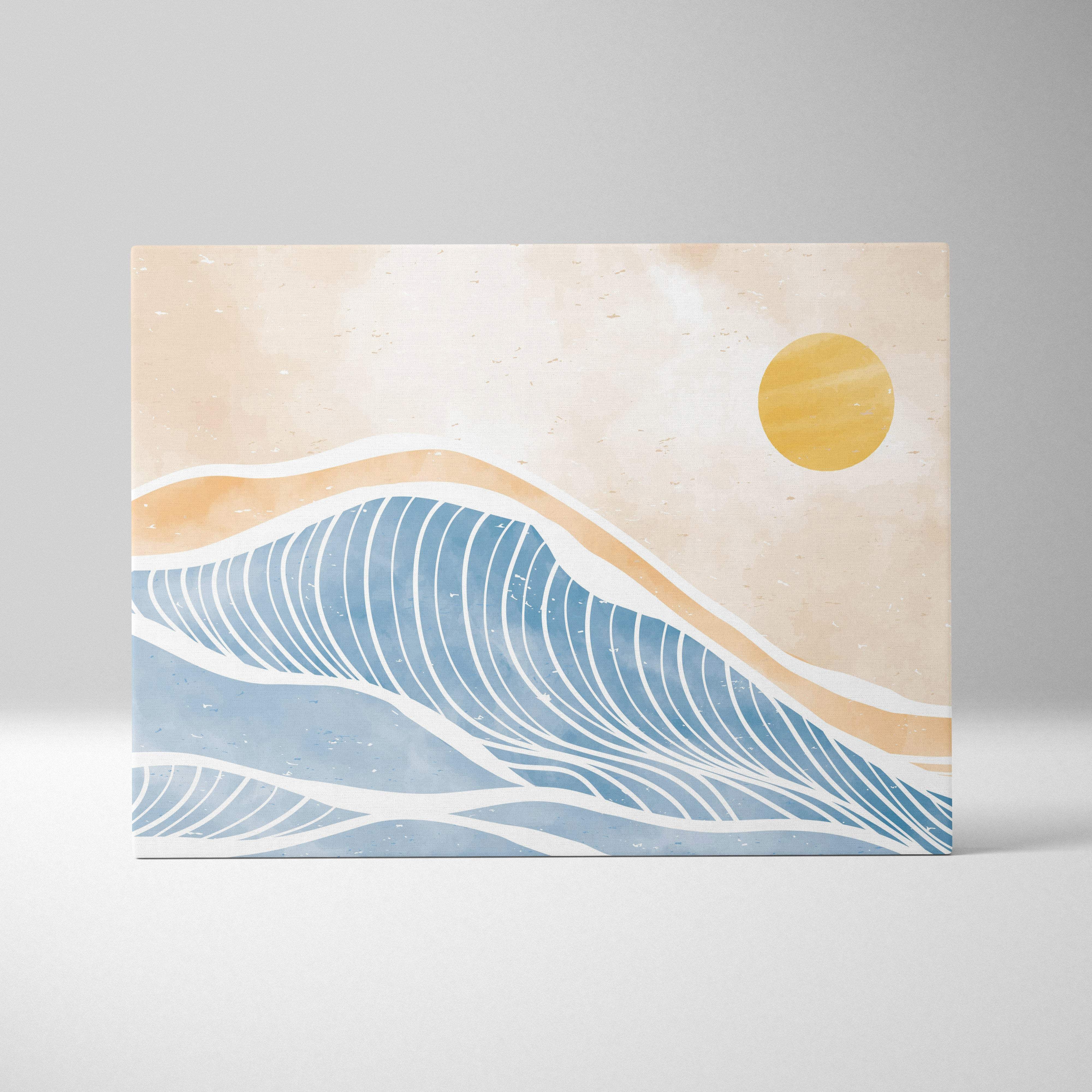 Boho coastal wave canvas wall art with minimalist blue ocean waves warm yellow sun and beige textured sky tones