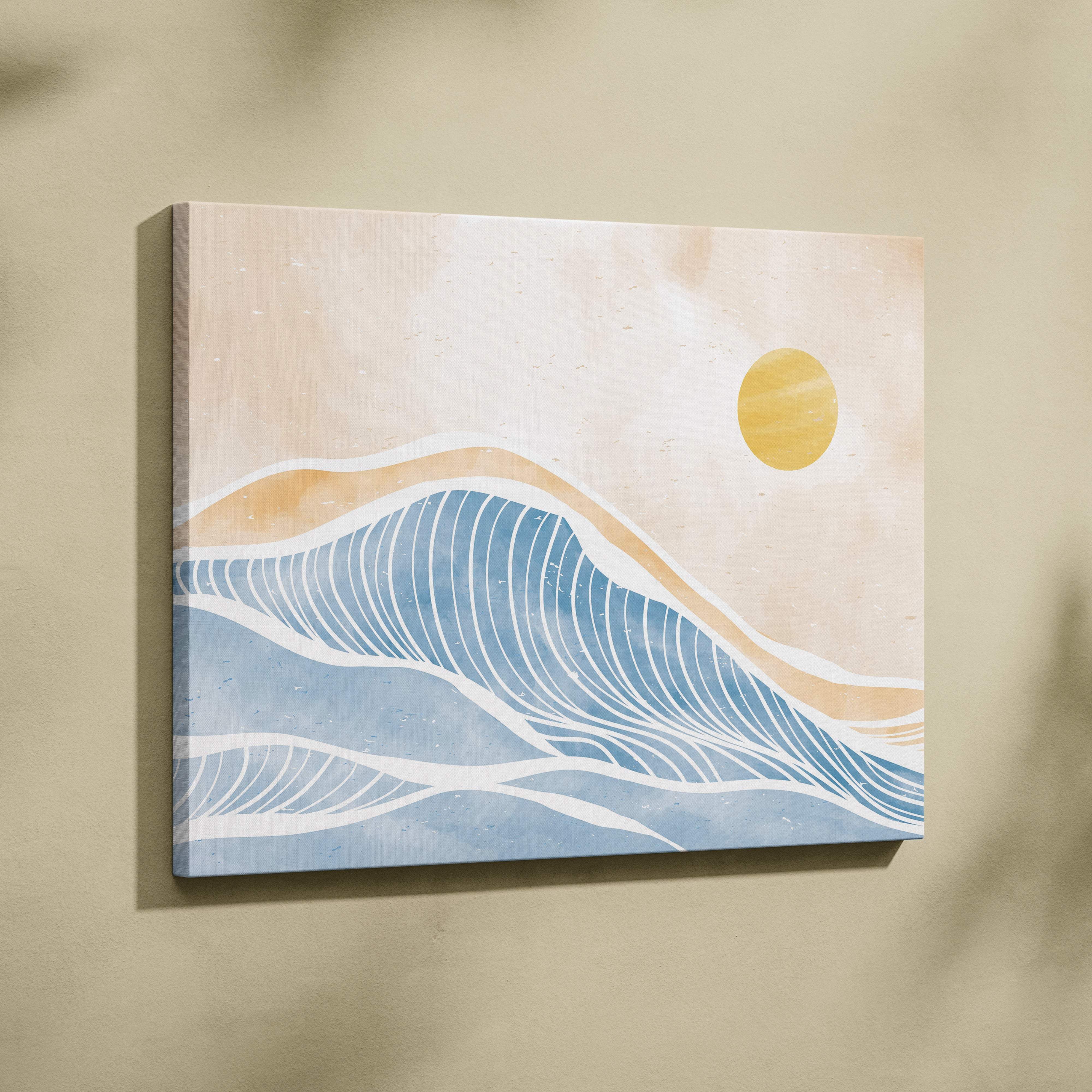 Minimalist boho coastal wave canvas print with blue beige waves and golden sun for beach house decor