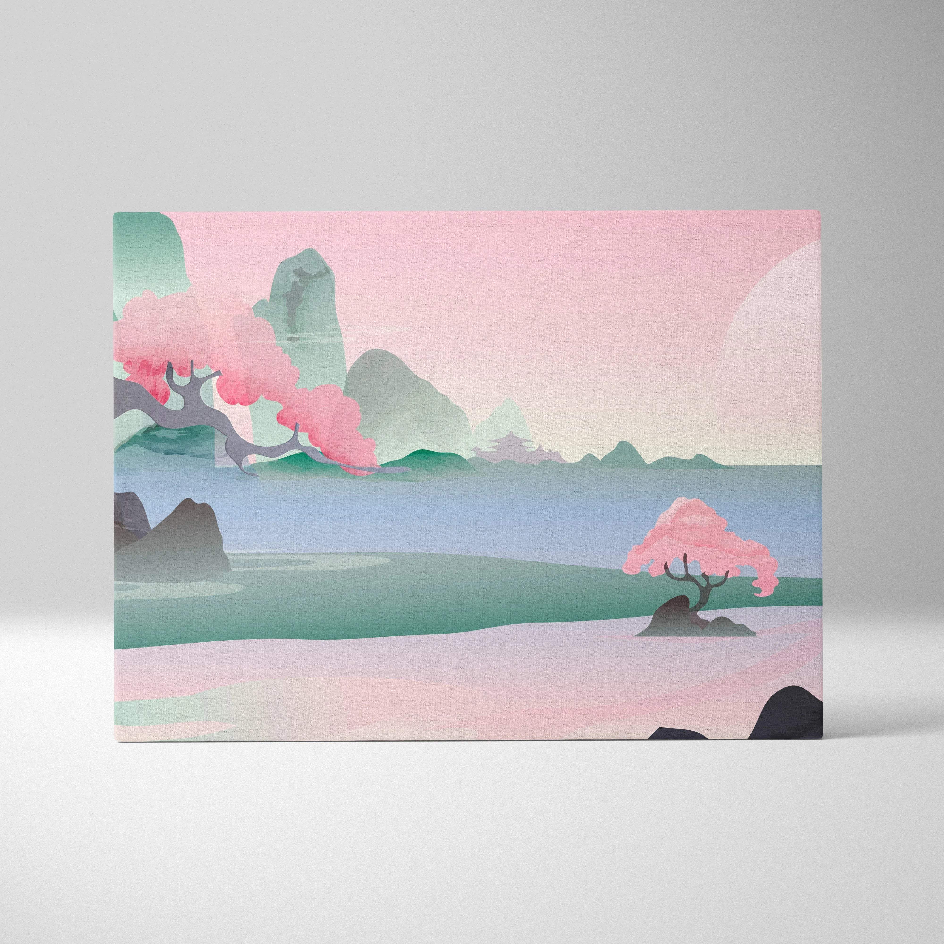 Pastel pink teal serene Asian landscape canvas with cherry blossoms by calm lake