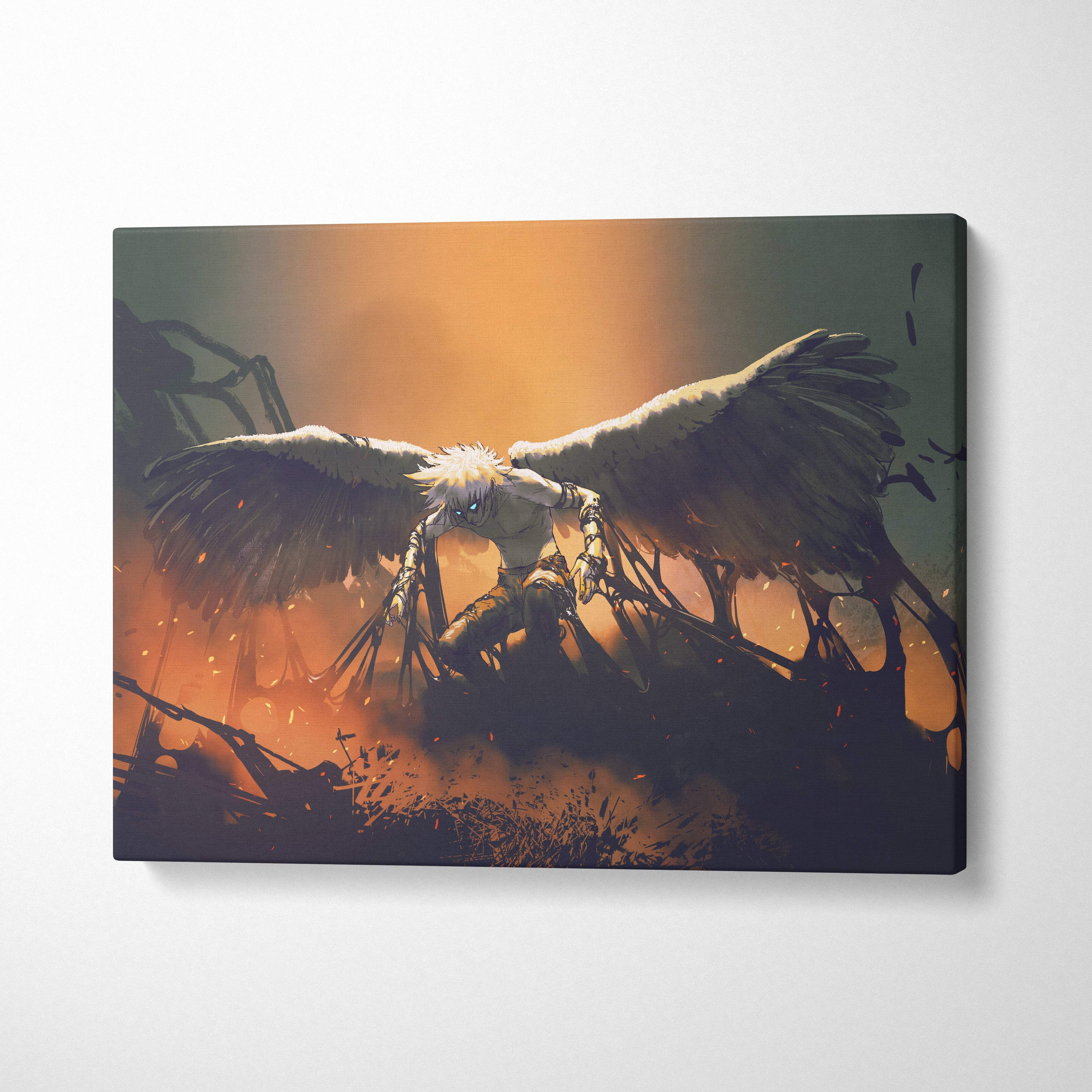 Fallen angel canvas print featuring white-haired anime character with large feathered wings on dark orange background