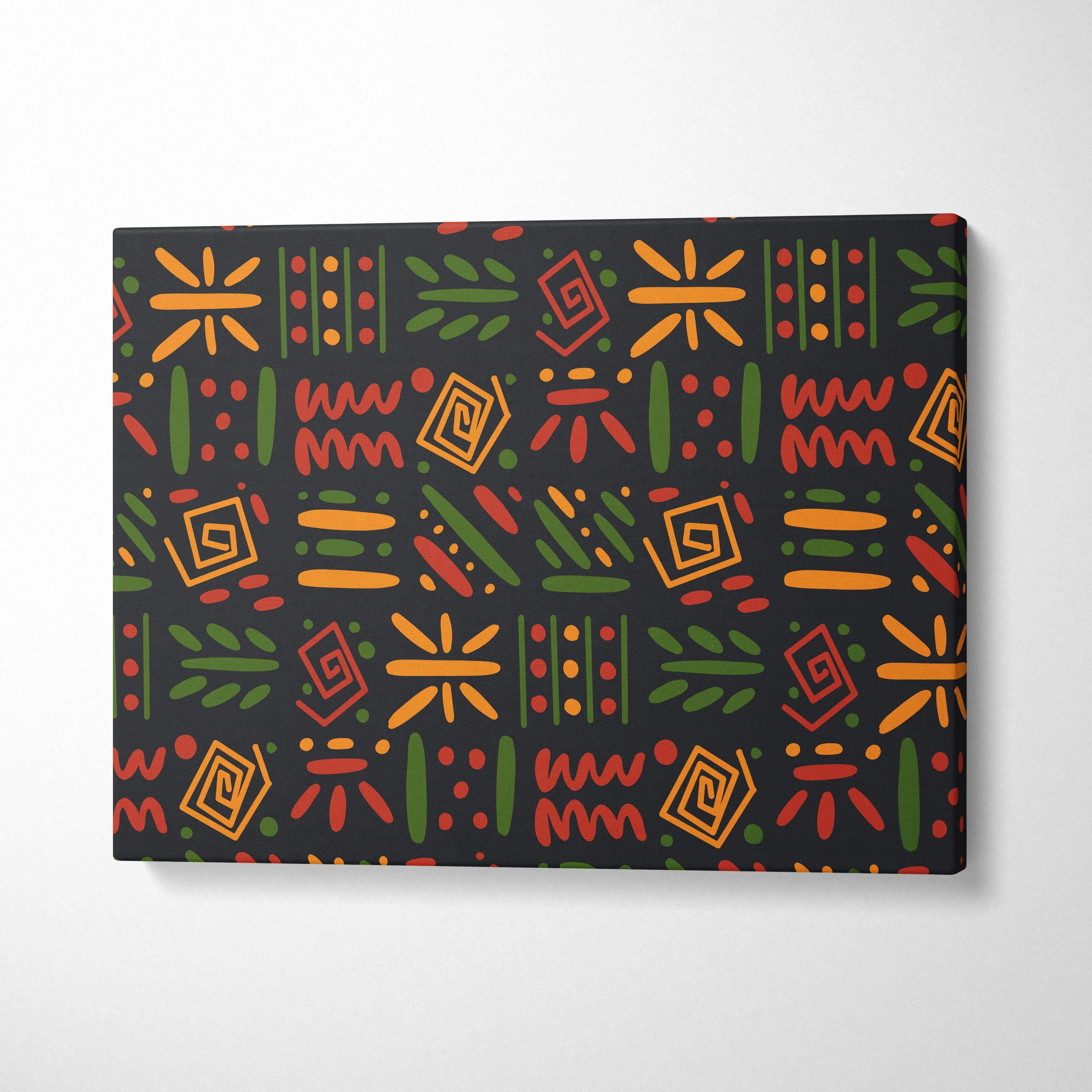 Bold tribal geometric pattern canvas wall art in red orange green on black