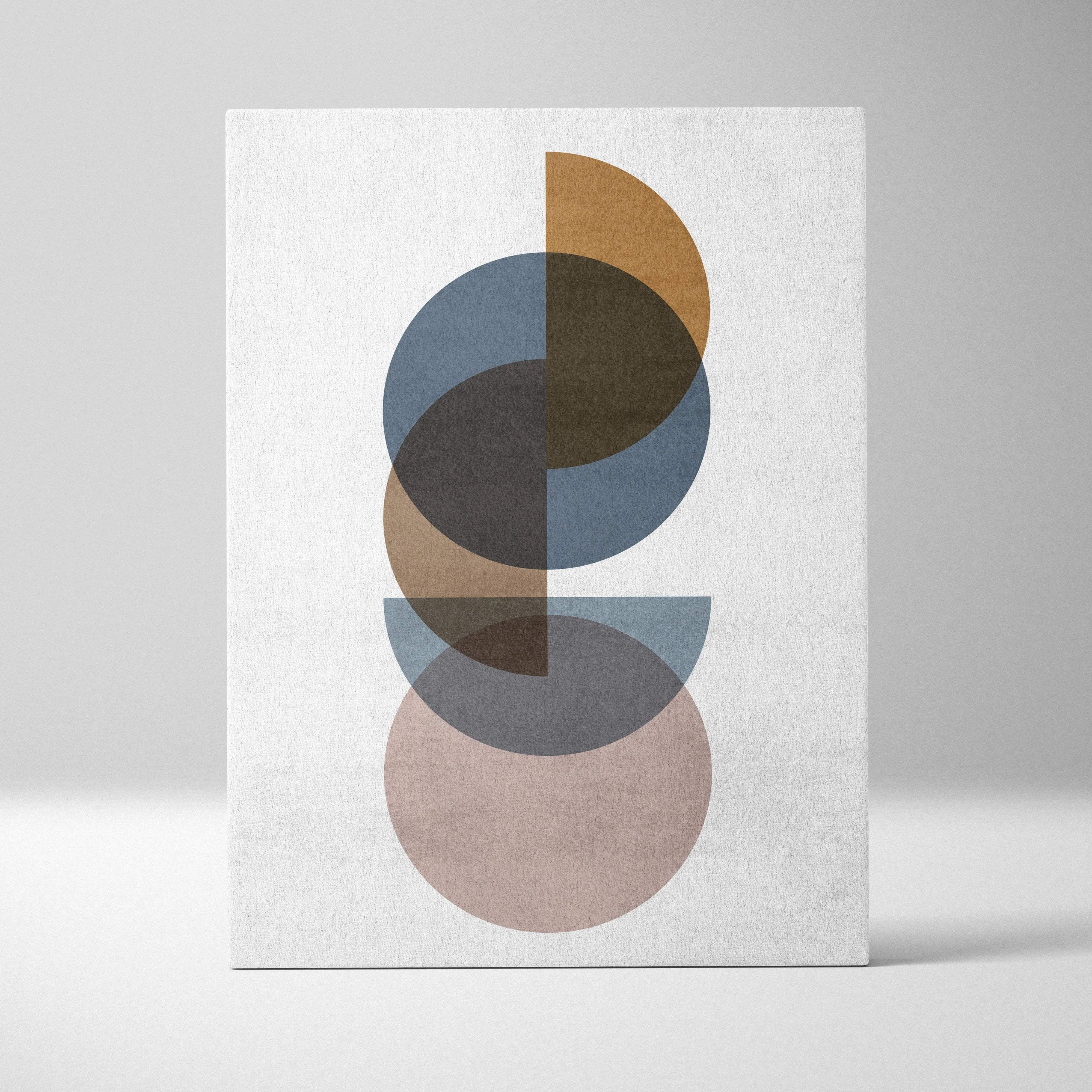Modern abstract canvas art with overlapping semicircles in muted blue beige brown tones