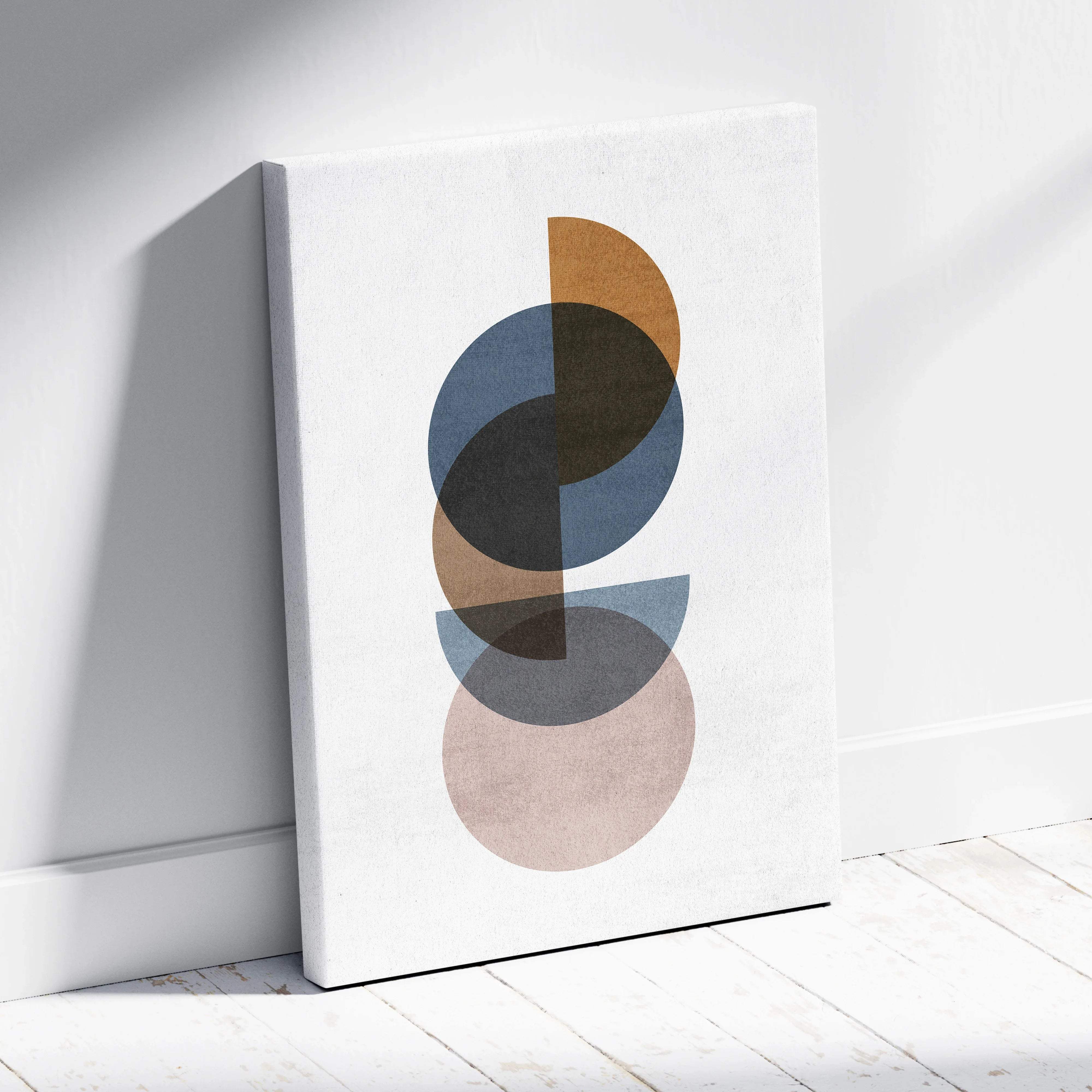 Minimalist abstract canvas with overlapping semicircles in muted blue, beige, brown