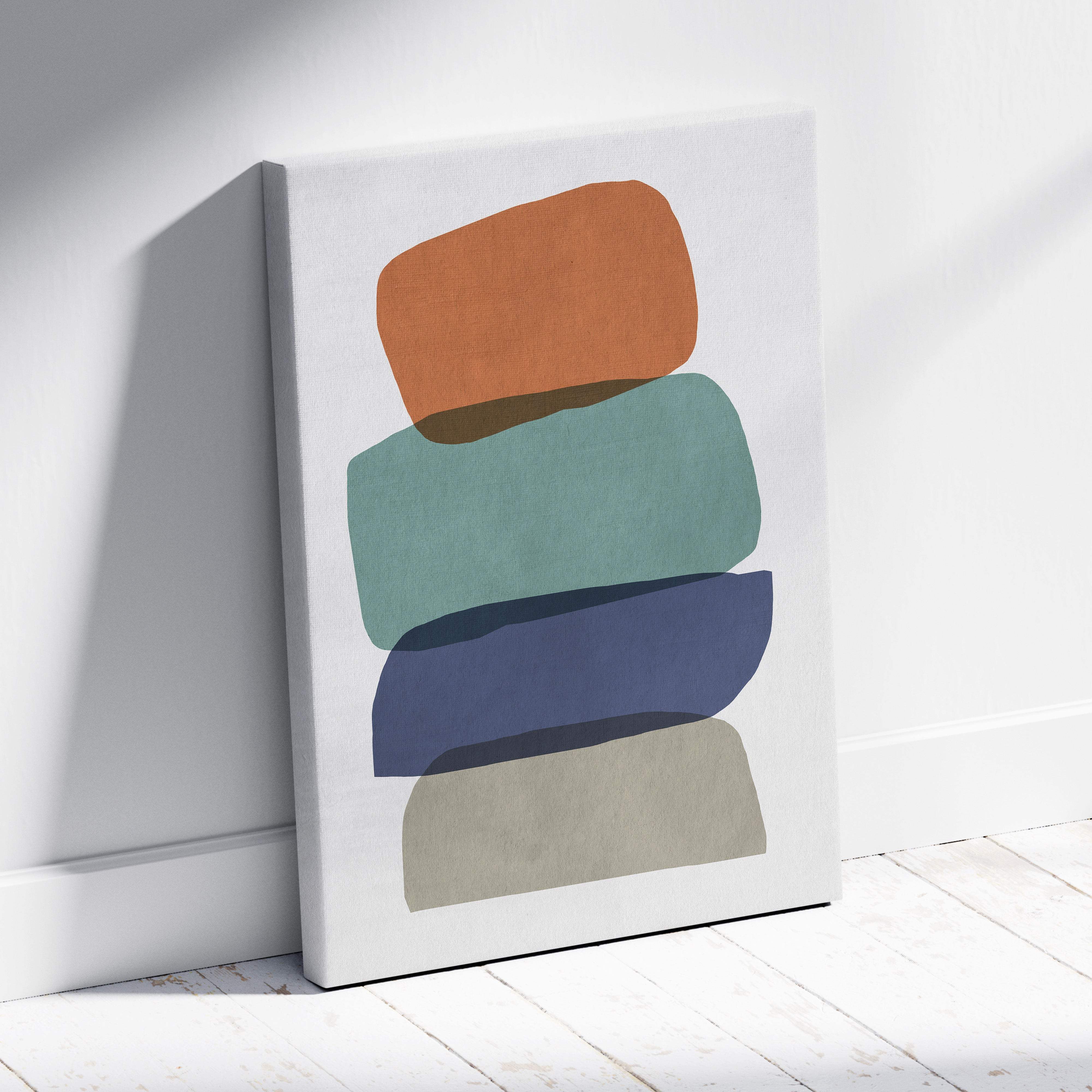 Boho abstract shapes canvas wall art with four stacked rounded rectangles in terracotta sage green navy and beige tones