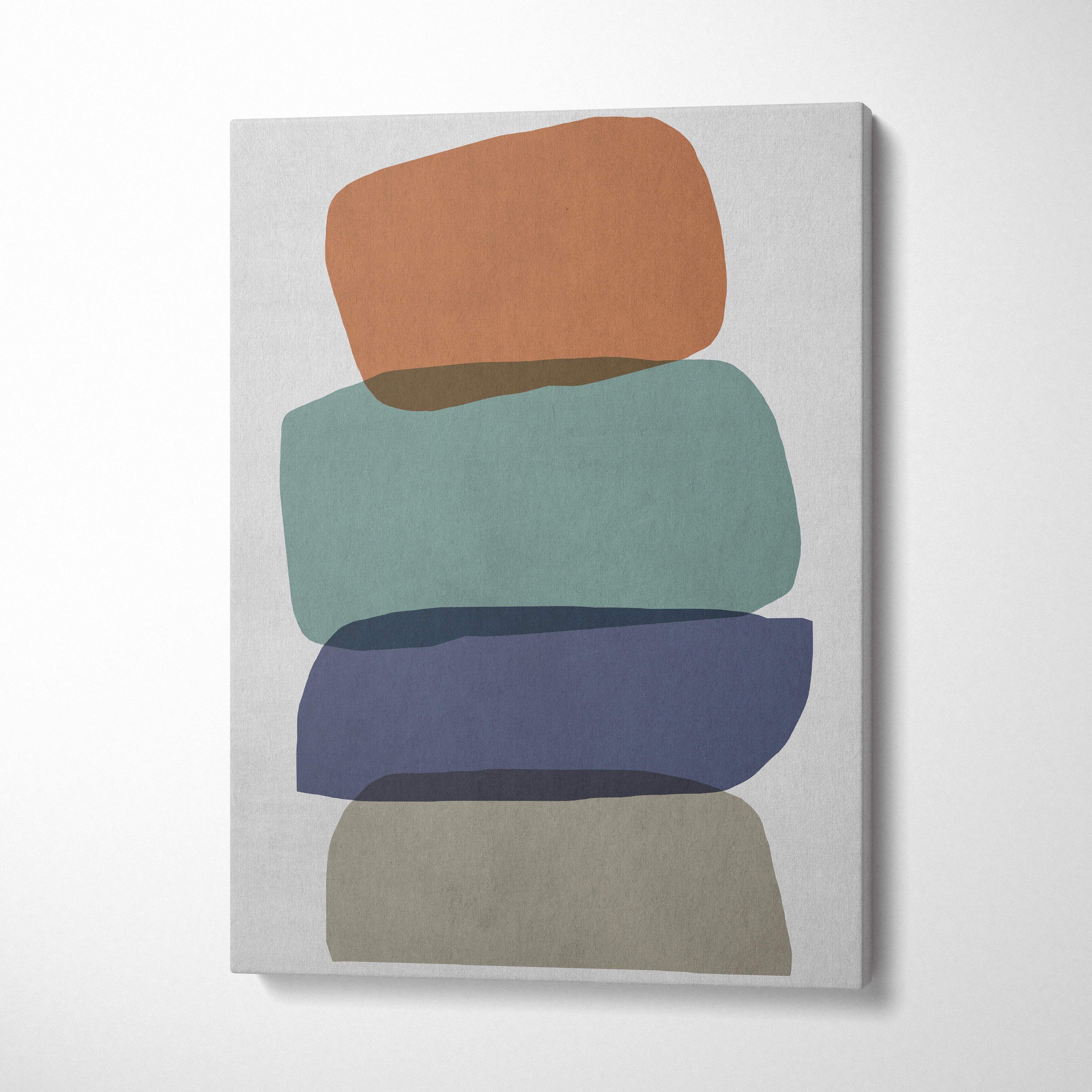Boho abstract shapes canvas wall art featuring stacked rounded rectangles in terracotta sage green navy and beige earth tones