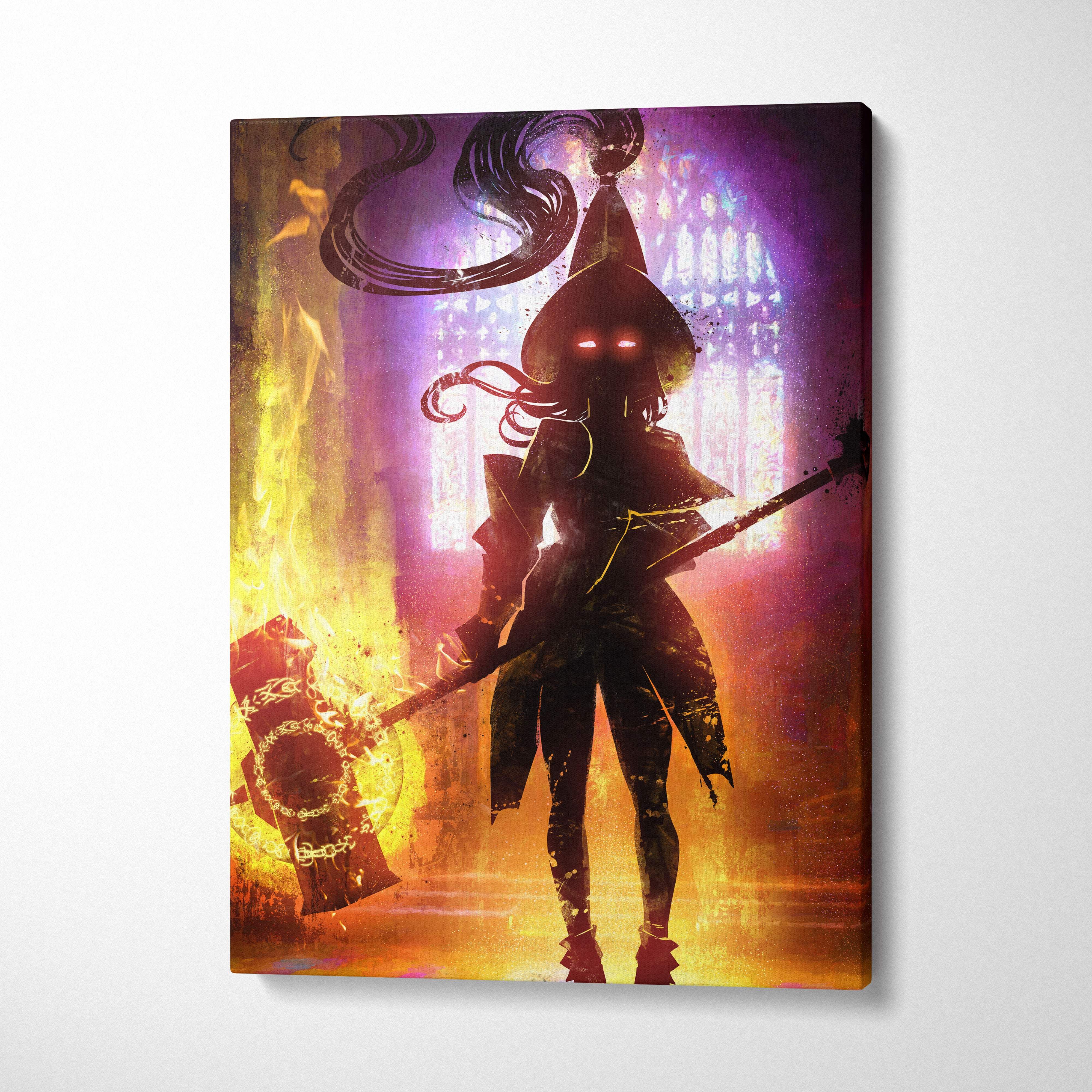Dark fire mage warrior canvas wall art showing a gothic female silhouette with glowing red eyes and flaming weapons
