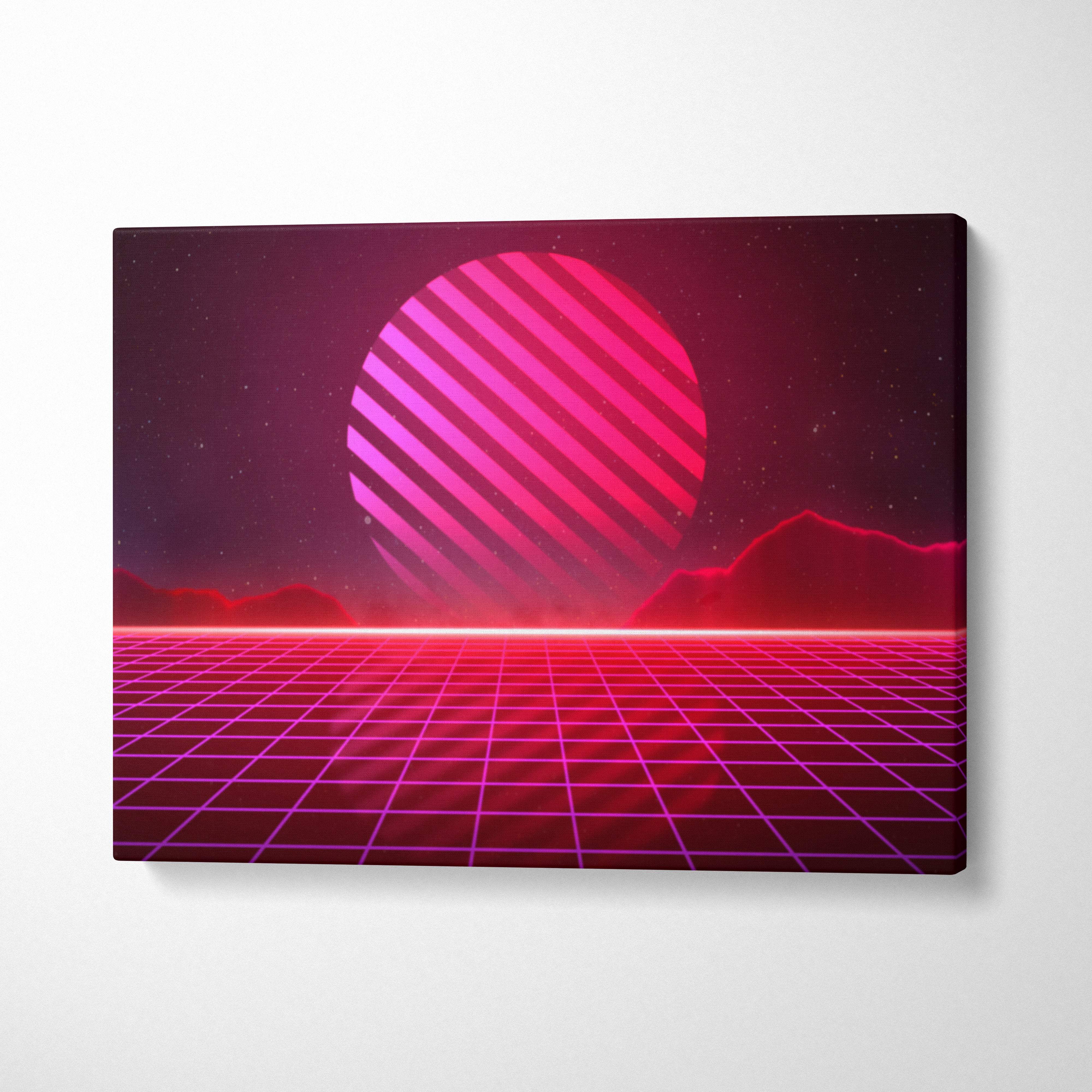 Vibrant pink and magenta retrowave canvas art print featuring a striped sun over a glowing neon grid landscape